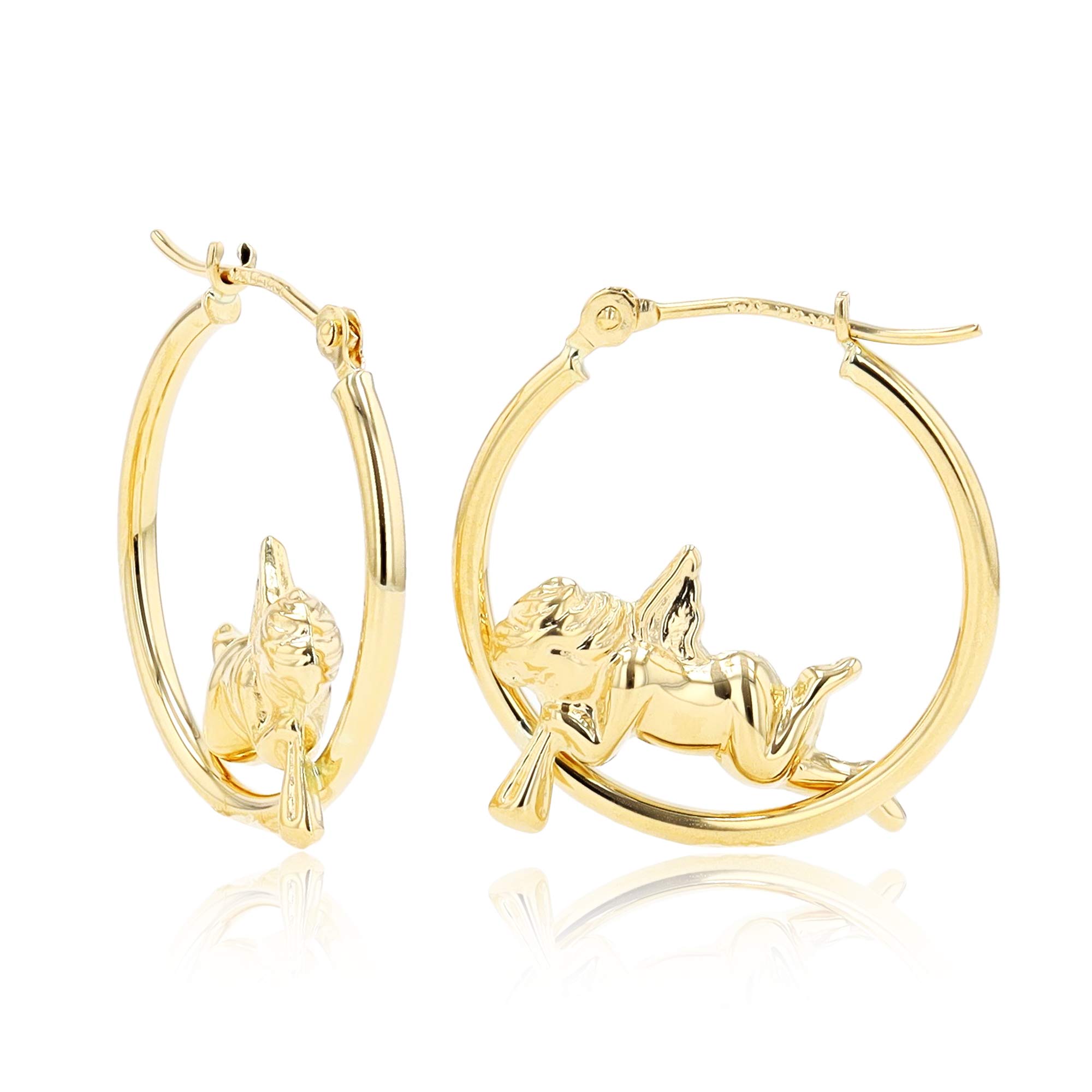 14K Solid Yellow Gold 4mm Thick Cherub Hoop Earrings with Hinged Clasp | 4x20mm Hoops | Angel Wing Design | Luxury Women's Jewelry Gift for Birthday, Anniversary & Special Occasions
