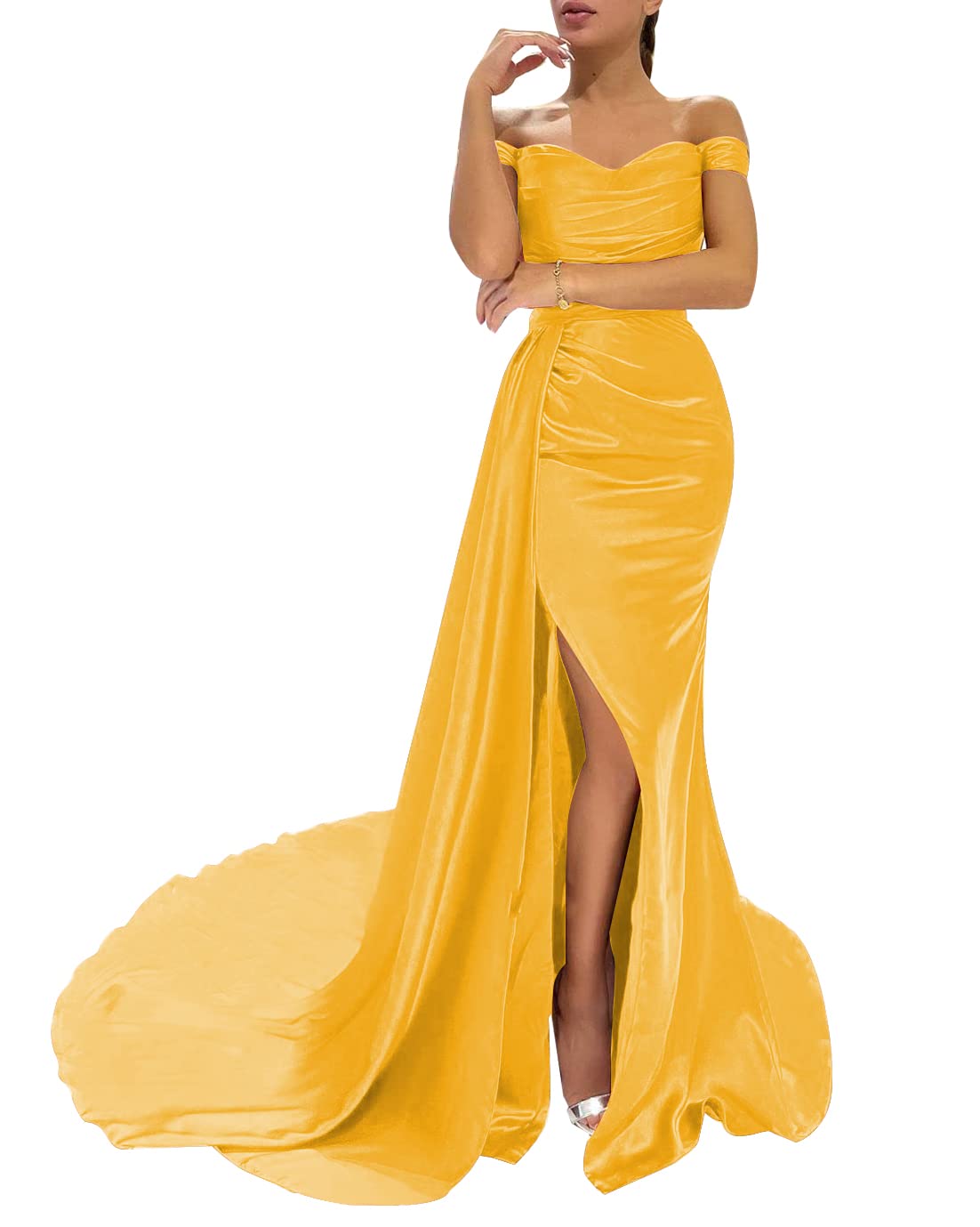 Elegant Off Shoulder Prom Dresses for Women - Mermaid Satin Formal Gown with Ruched Detail & High Slit - Perfect for Evening Parties, Homecoming, and Special Occasions