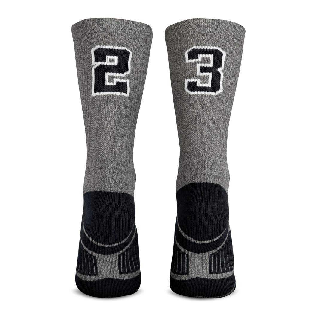 Custom Team Number Crew Socks for Sports - Athletic Gray & Black Socks with All Team Numbers - Perfect for Basketball, Soccer & Football Games