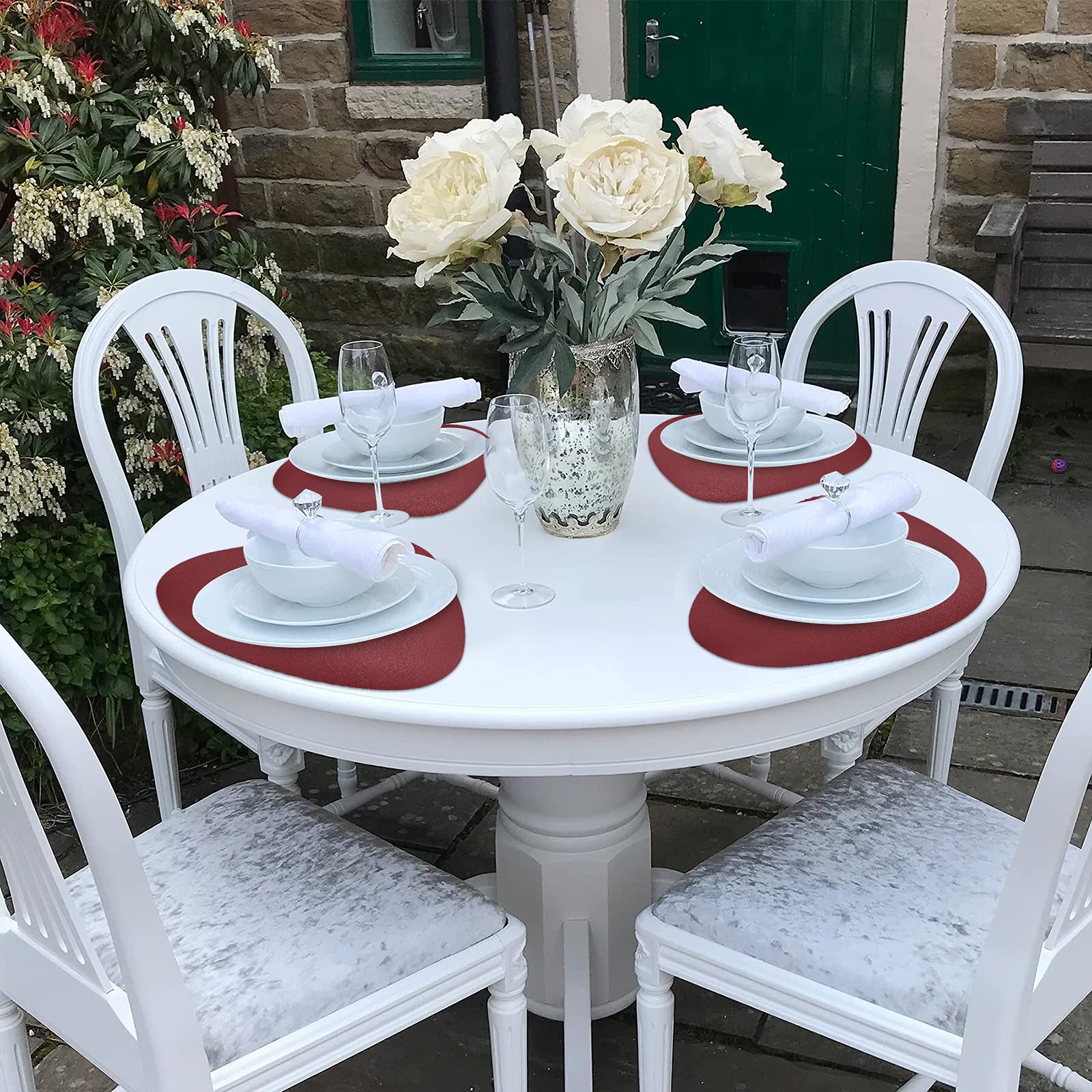 Herda Round Faux Leather Placemats Set of 6 - Wipeable, Washable & Heat Resistant for Kitchen, Dining Table, Patio - Indoor & Outdoor Use - Easy Clean Retro Burgundy Red Placemats for Everyday Meals & Entertaining