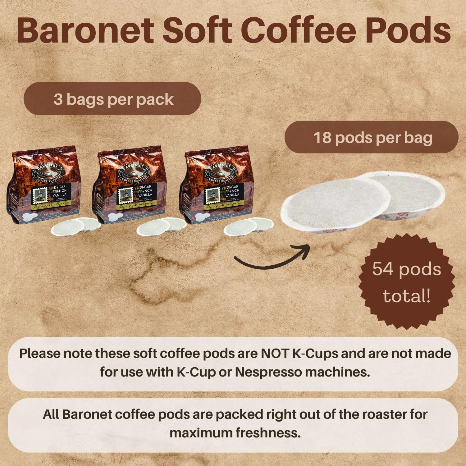 Baronet Coffee Pods - 54 Count Compostable Coffee Bags, 8g Medium Roast Organic Decaf French Vanilla, Compatible with Senseo & Single Serve Brewers - Perfect for Home, Office & Camping Use