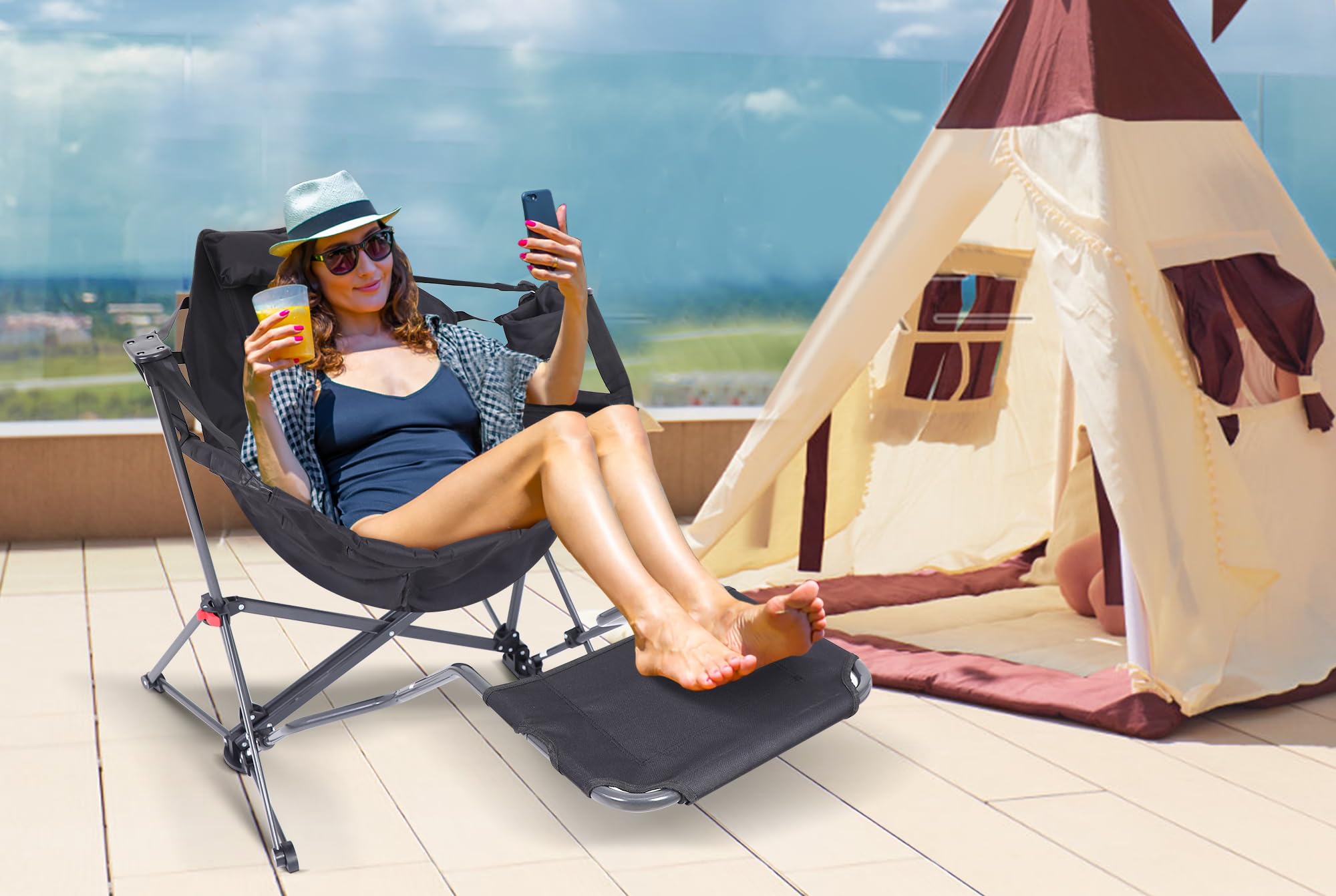Premium Hammock Camping Chair with Stand - Heavy Duty Rocking Swivel Chair with High Back Support, Cup Holder & Side Pockets - Portable Outdoor Lounge Chair for Backyard, Beach, Camping & Patio Relaxation (Black with Footrest)