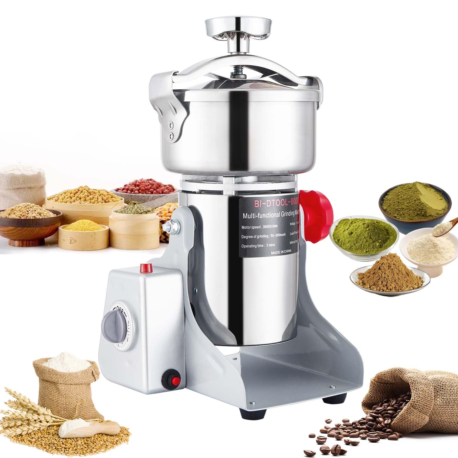 800W Electric Grain Mill Grinder - High-Speed 36000r/min Stainless Steel Dry Grinder for Wheat, Rice, Spices - Perfect for Home Kitchen & Commercial Use - Make Fresh Flour, Coffee, Baby Food & More