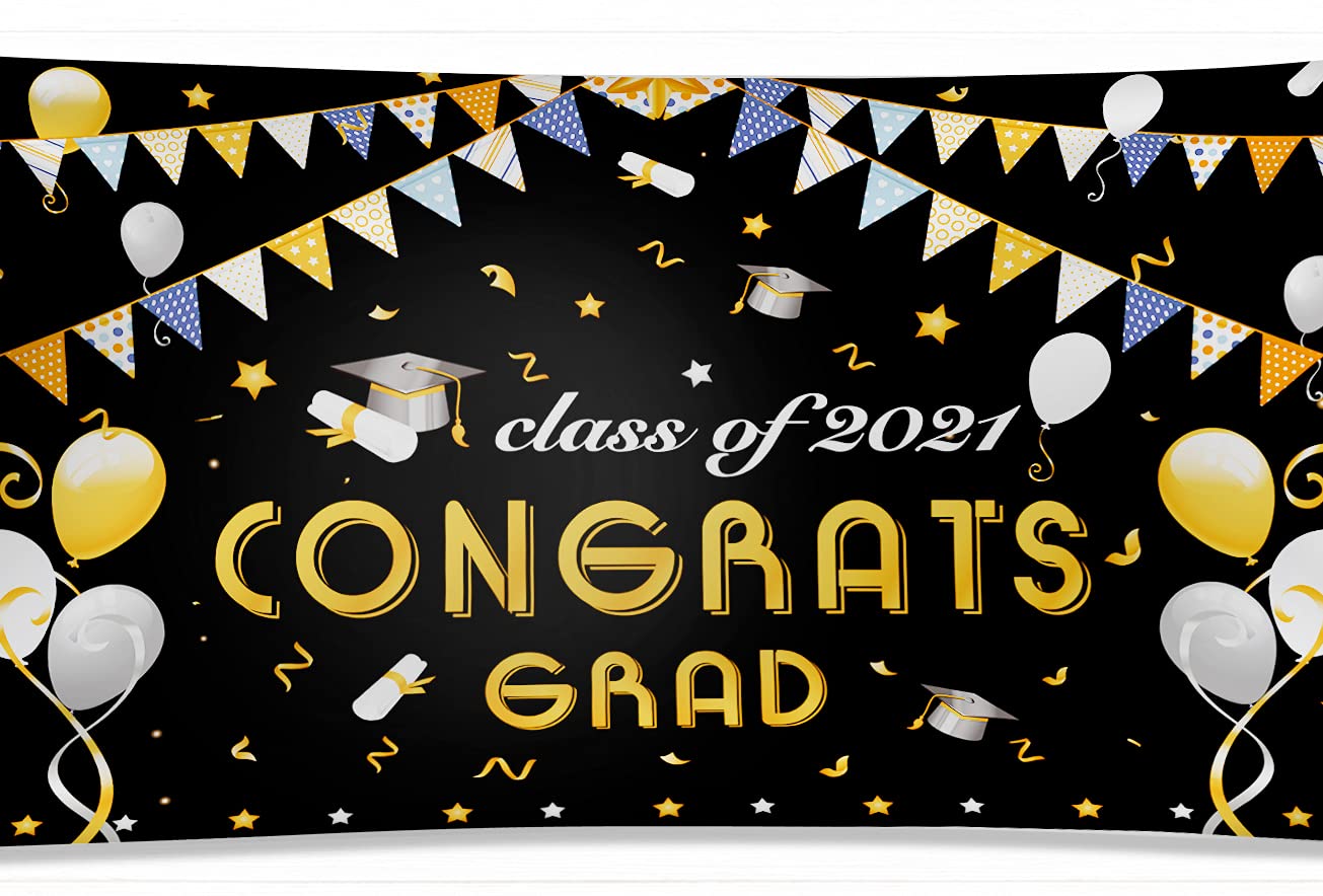 PuTwo 70.8x43.3 Inch Black & Gold Graduation Backdrop - 2021 Graduation Photo Background for Graduation Party Decor, Congrats Grad Decorations - Perfect for Graduation Ceremonies, Photo Booths & School Celebrations
