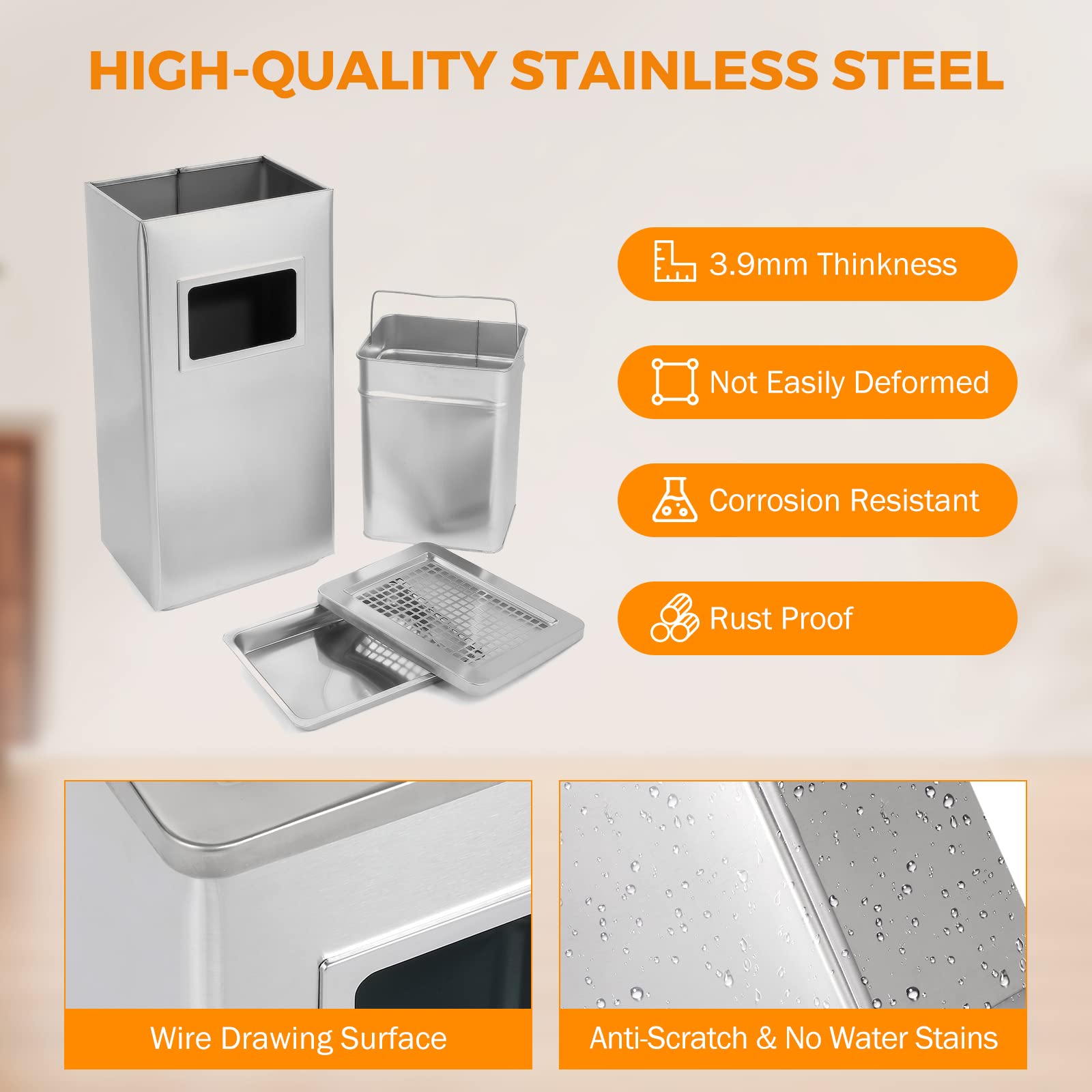 BEAMNOVA Stainless Steel Trash Can with Lid - 31x25x61cm Indoor Outdoor Commercial Garbage Bin for Kitchen, Office, Restaurant & Industrial Use - Durable Metal Waste Container (Metallic Color)