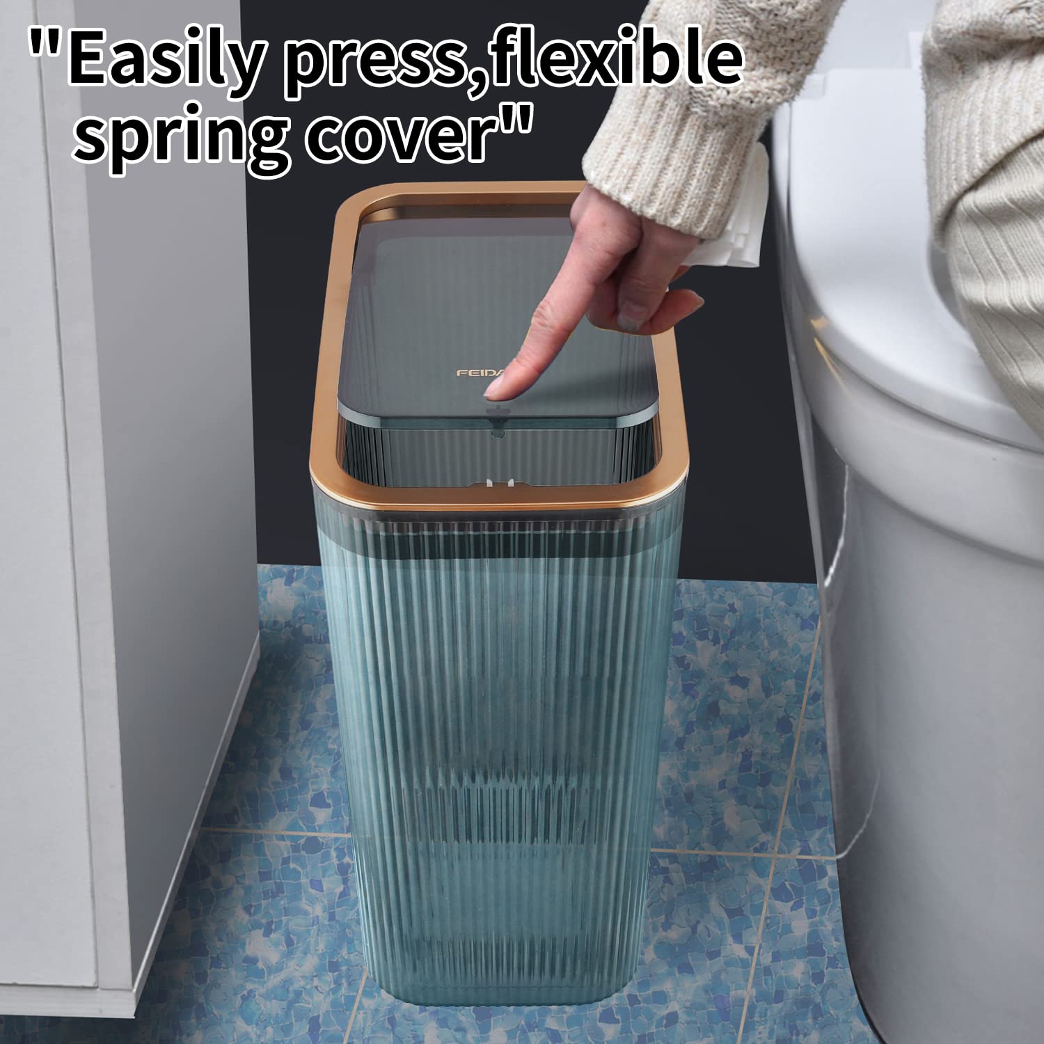 Clear Plastic Trash Can with Press-Top Lid - 2.6 Gallon Slim Waste Basket for Bathroom, Bedroom, Office & Kitchen - 10L Transparent Garbage Bin for Home Use - Perfect for Small Spaces & Easy Disposal (Blue)