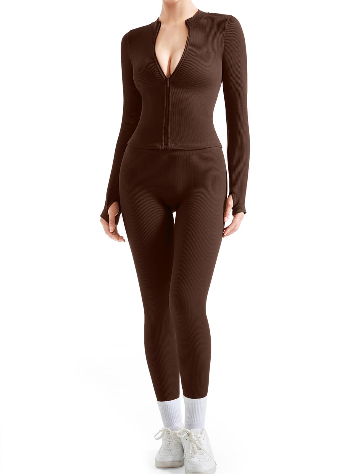 SUUKSESS Women's 2-Piece Seamless Ribbed Workout Set with Zip-Up Jacket & High Waisted Yoga Leggings - Gym, Running, Pilates & Lounge Wear for Women