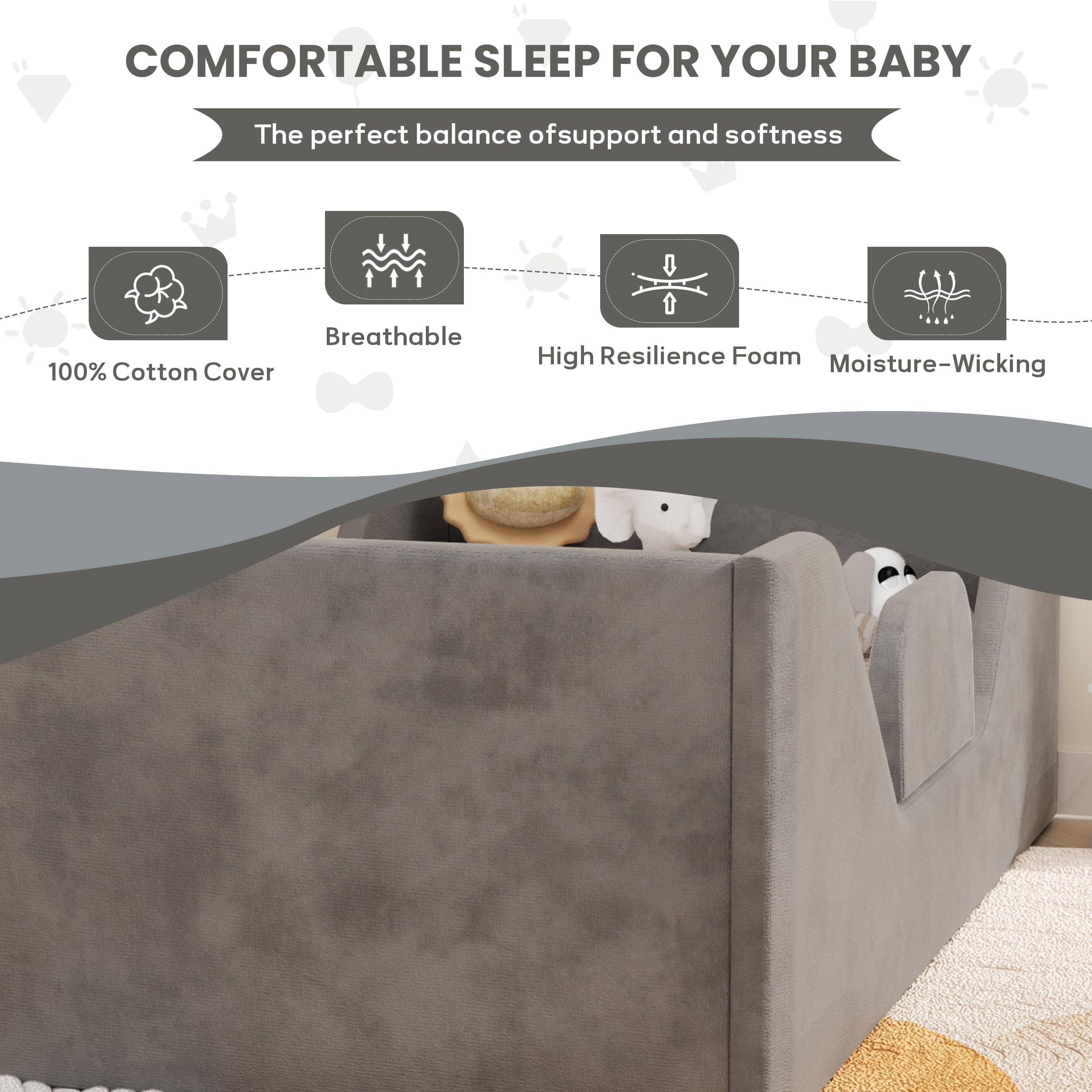 **Toddler Floor Bed Frame with Guard Rails - Safe & Certified Fabric Small Bed for Boys & Girls Aged 1-2 Years (Grey) | Perfect for Montessori Bedrooms & Child Safety**