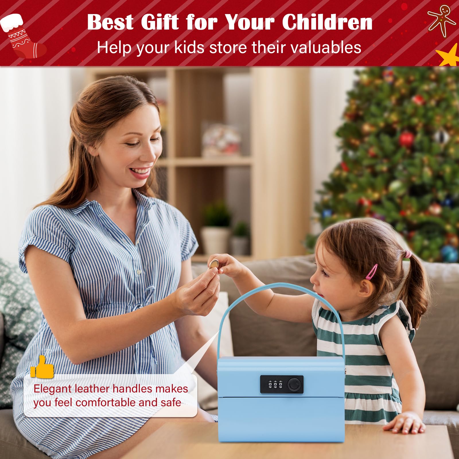 GOLDENKEY Kids Cash Box with Lock & Slot - Blue Metal Piggy Bank with Stickers for Boys & Girls - Portable Money Safe Box for Savings - Perfect Birthday Gift & Financial Learning Tool for Home, School & Playroom