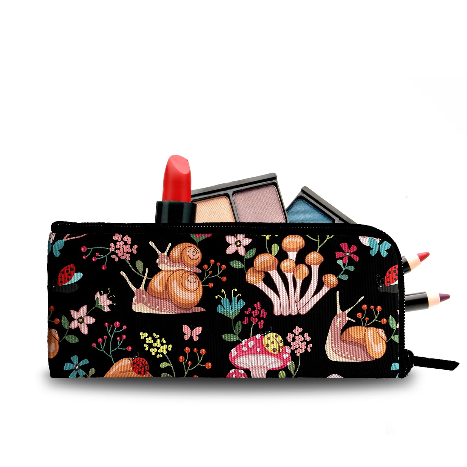 Stylish Mushroom & Snail Print Large Capacity Makeup Bag Set for Women - 1 Cosmetic Organizer & 1 Brush Pouch - Perfect for Travel, Daily Use & Gift Giving