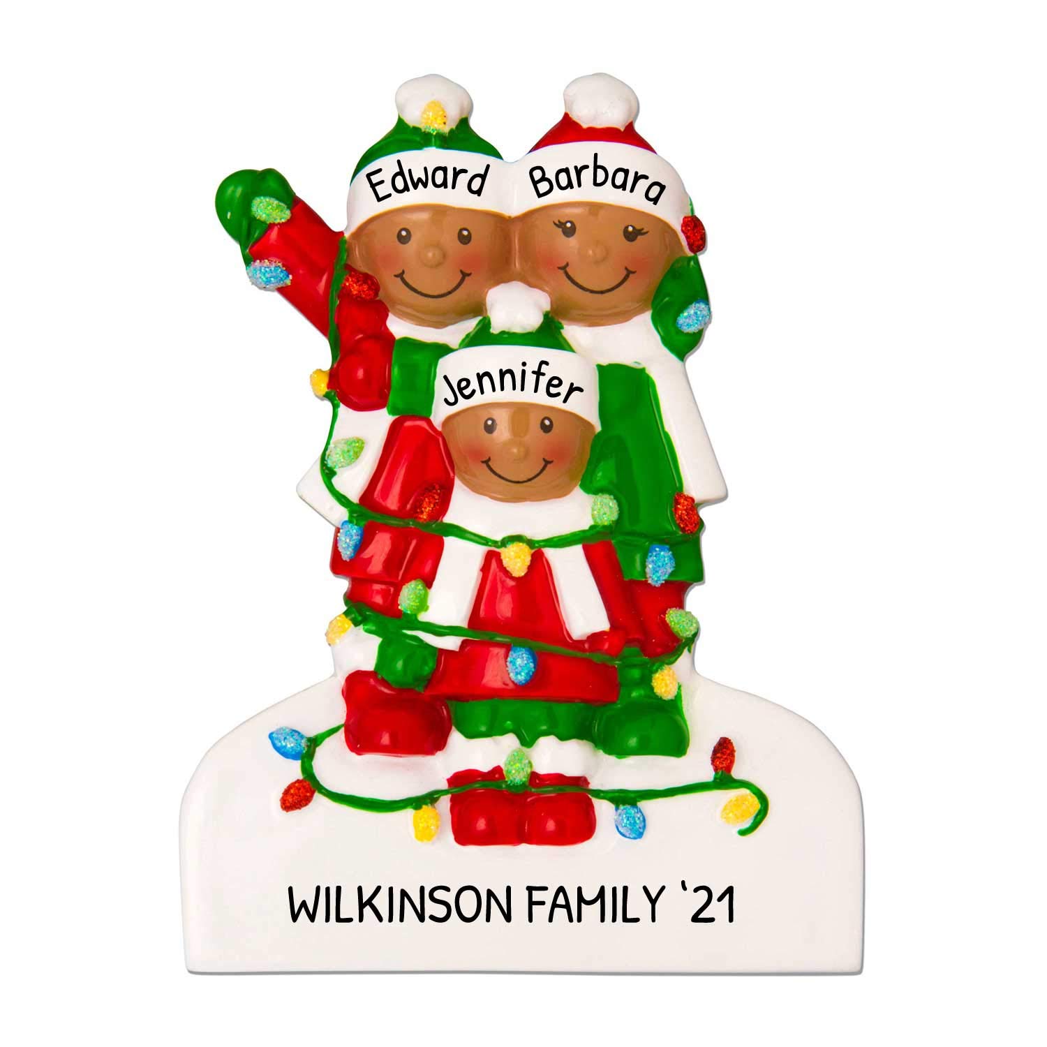 Custom Personalized Family Christmas Ornament 2022 - Engraved Holiday Decor for Family of 3 - Black Christmas Tree Decoration with Lights Design - Free Name Customization - Perfect for Holiday Gifts & Family Traditions