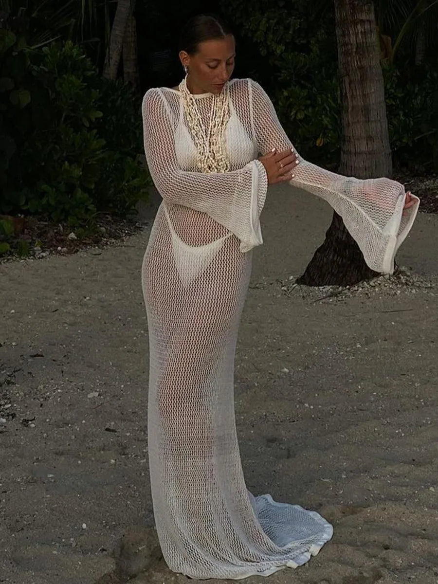 Sexy Backless Long Sleeve Hollow Out Beach Dress for Women - Slim Fit Transparent Summer Party Club Dress 2023 | Perfect for Beach Vacations, Night Out & Special Occasions
