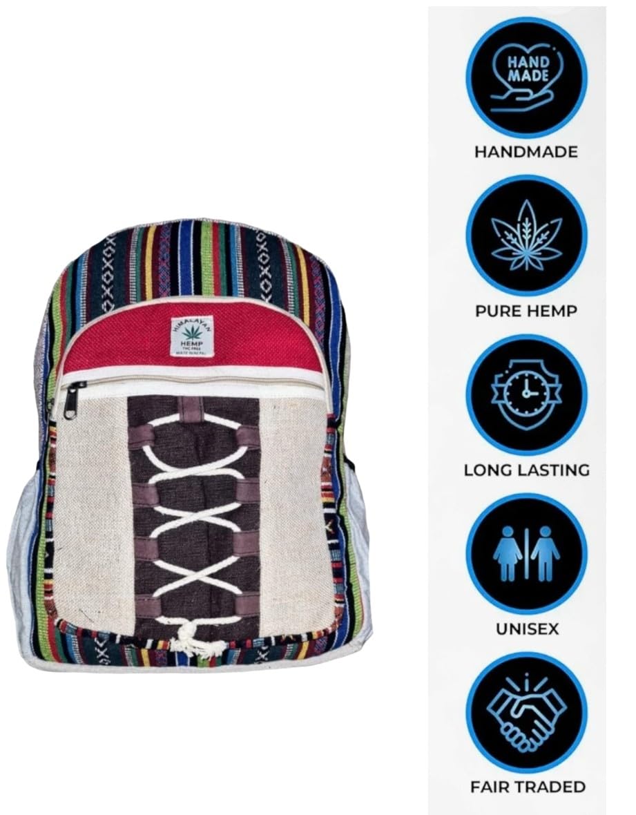 Eddika Natural Vegan Himalayan Hemp Backpack - Large Eco-Friendly Hiking & Festival Backpack for Men, Women, Boys & Girls - Perfect for Outdoor Adventures, Travel & Daily Use