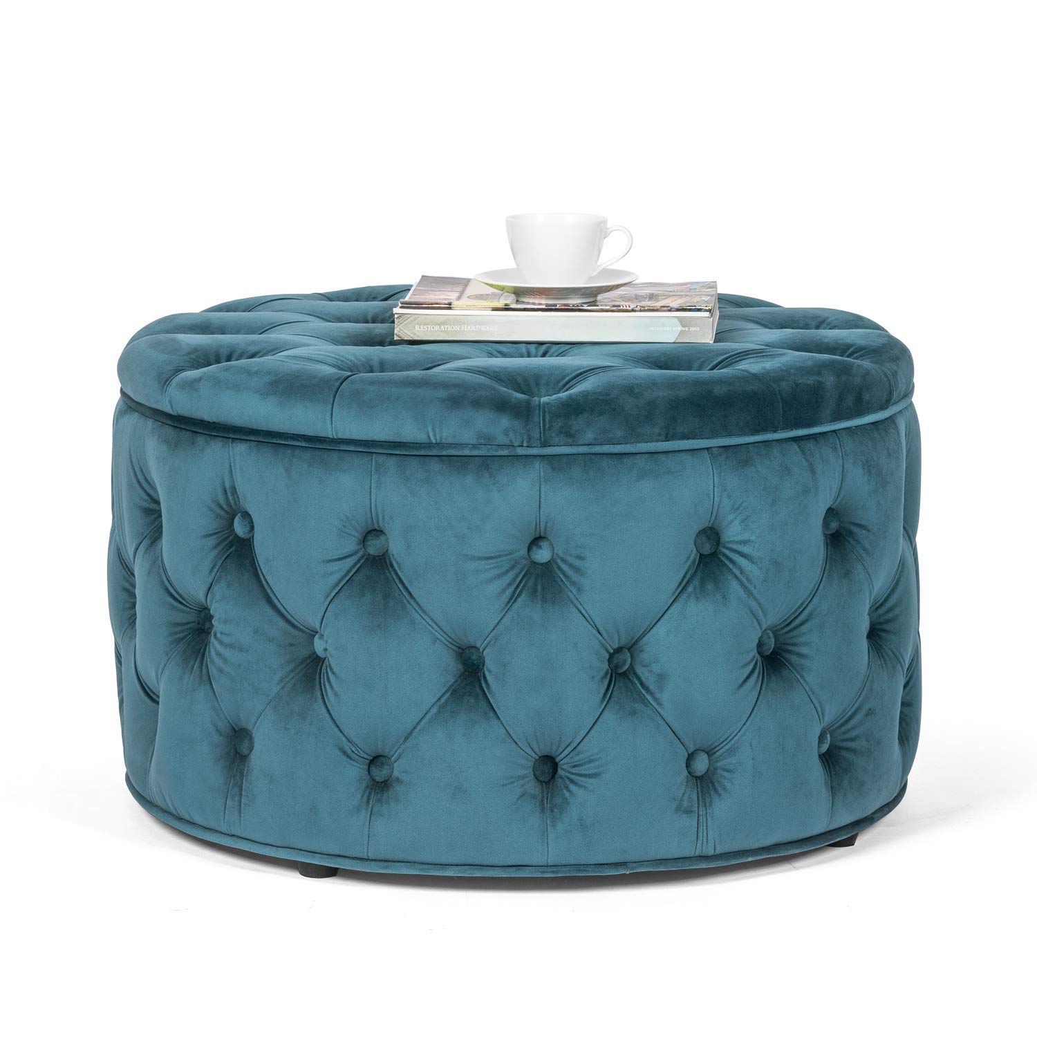 Homebeez 28 Inch Velvet Round Storage Ottoman with Button Tufted Design - Multi-Functional Footrest Stool, Bench & Coffee Table for Living Room, Bedroom or Nursery (Dark Teal) | Perfect for Extra Seating, Storage & Home Decor