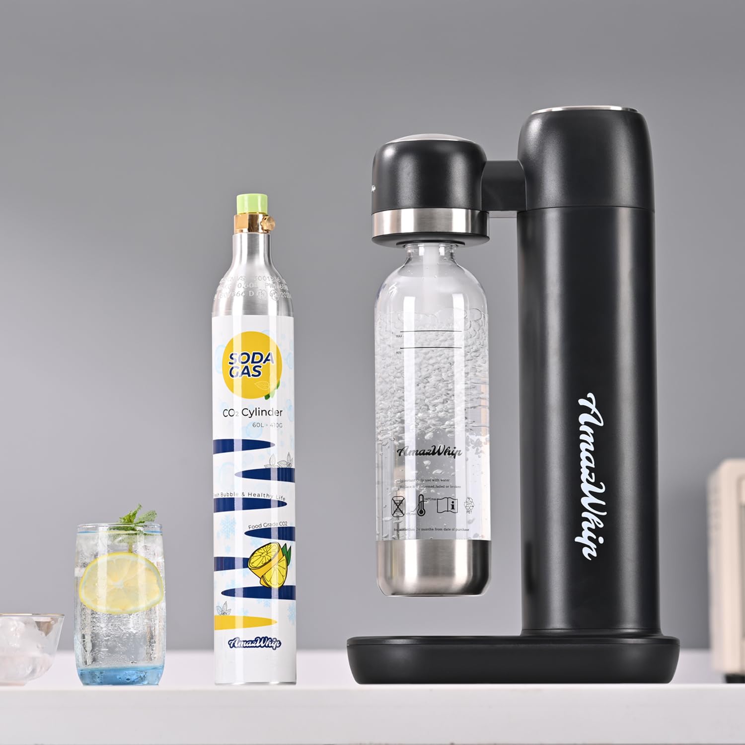 **Sparkling Water Maker Machine - Portable Soda Maker with 4 CO2 Gas Cylinders for Homemade Carbonated Drinks | Household Bubble Water Machine for Healthy Beverages (Black + 4 Canisters) | Perfect for Kitchen, Office, Parties & Outdoor Use**