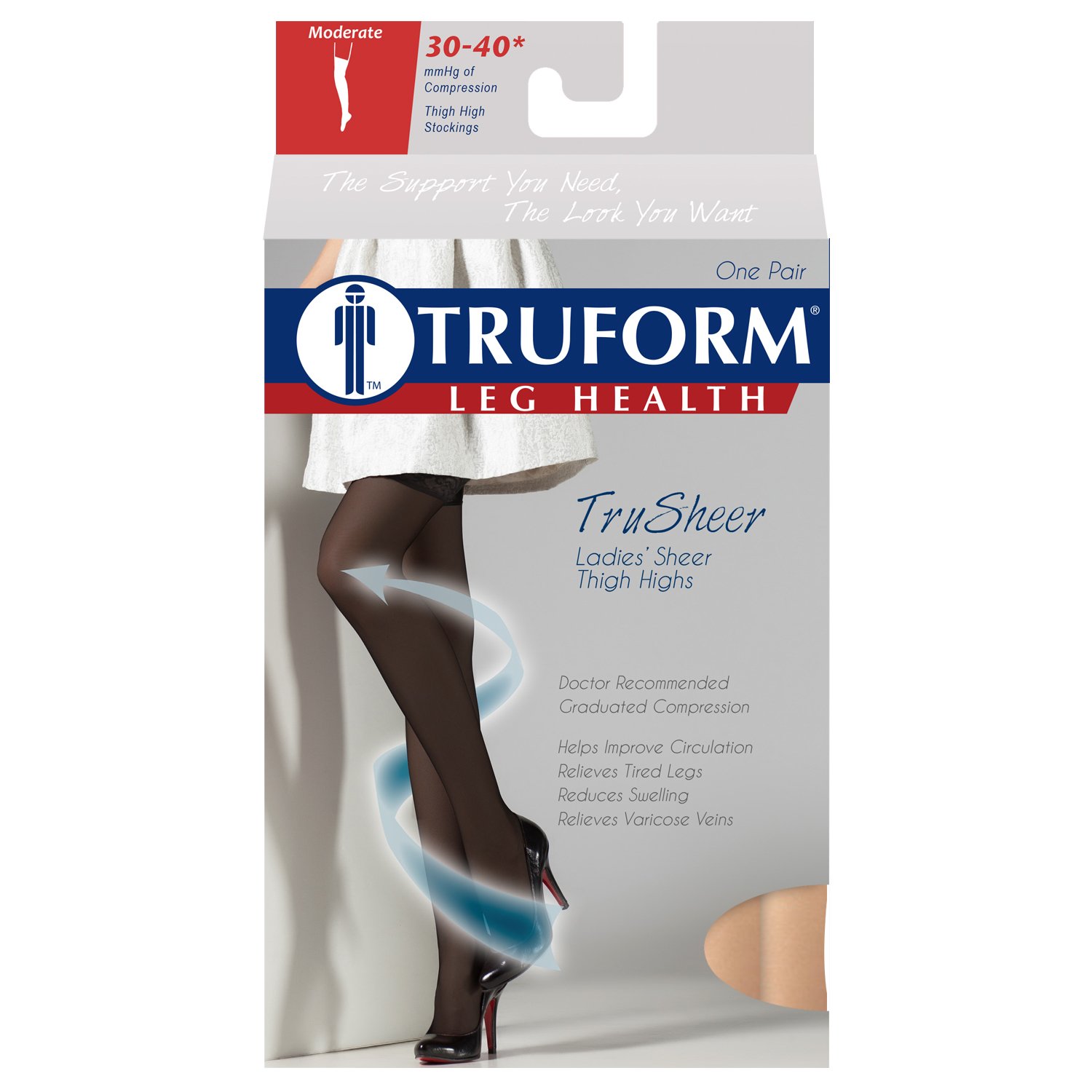 Truform Sheer Compression Stockings 30-40 mmHg - Women's Thigh High Support Stockings, 30 Denier Beige (Large) - Perfect for Varicose Veins Relief, Travel & Pregnancy Comfort