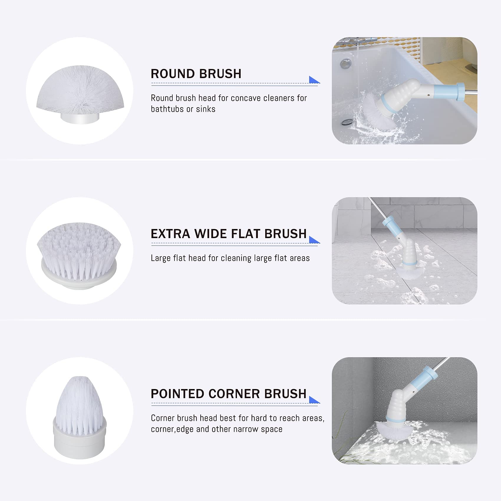 Electric Spin Scrubber Brush - Cordless Power Scrubber with 3 Replaceable Heads, Adjustable Extension Handle for Bathroom, Shower, Tile & Tub Cleaning - Blue & White - Perfect for Deep Cleaning Grout, Sinks & Hard-to-Reach Areas