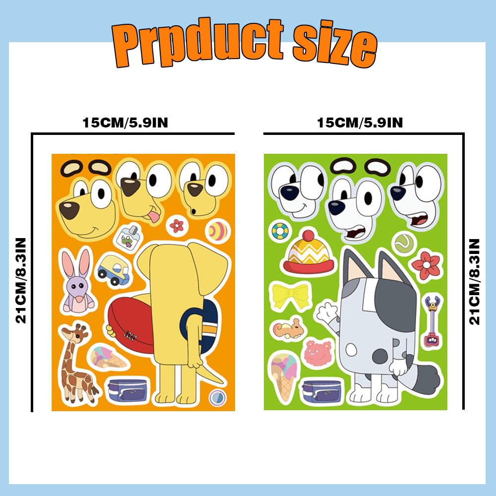 24 Sheets DIY Make a Face Stickers - Puzzle Role Play Craft Stickers for Kids, Birthday Party Favors & Room Decorations (Blue Dog Design, TZ-BLY1) - Perfect for Classroom Activities, Gift Giving & Creative Playtime