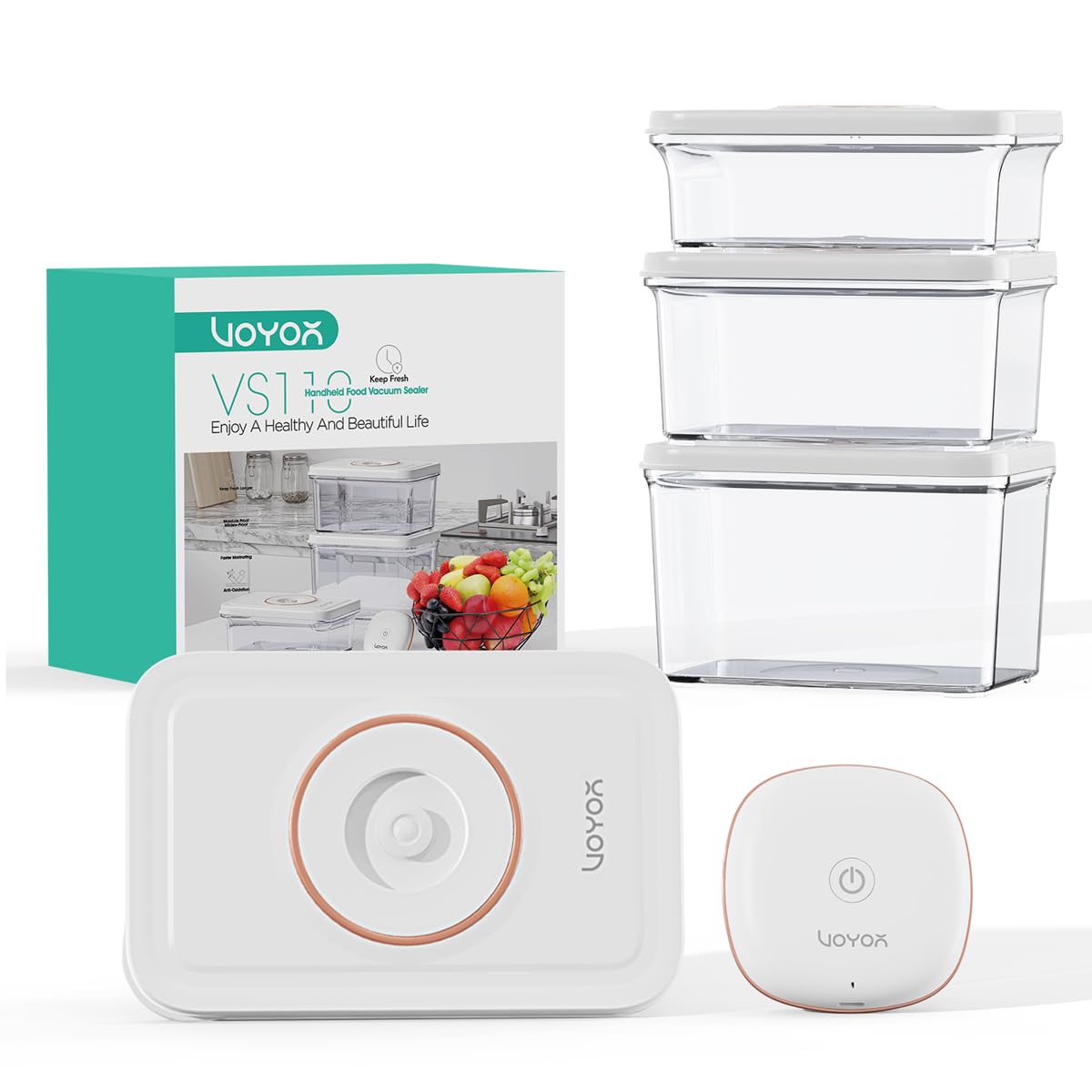 Portable Handheld Vacuum Sealer for Food Storage - Rechargeable Cordless Automatic Food Saver with 3 Vacuum Containers | Perfect for Meal Prep, Sous Vide & Extending Freshness (1 Machine + 3 BPA-Free Containers)