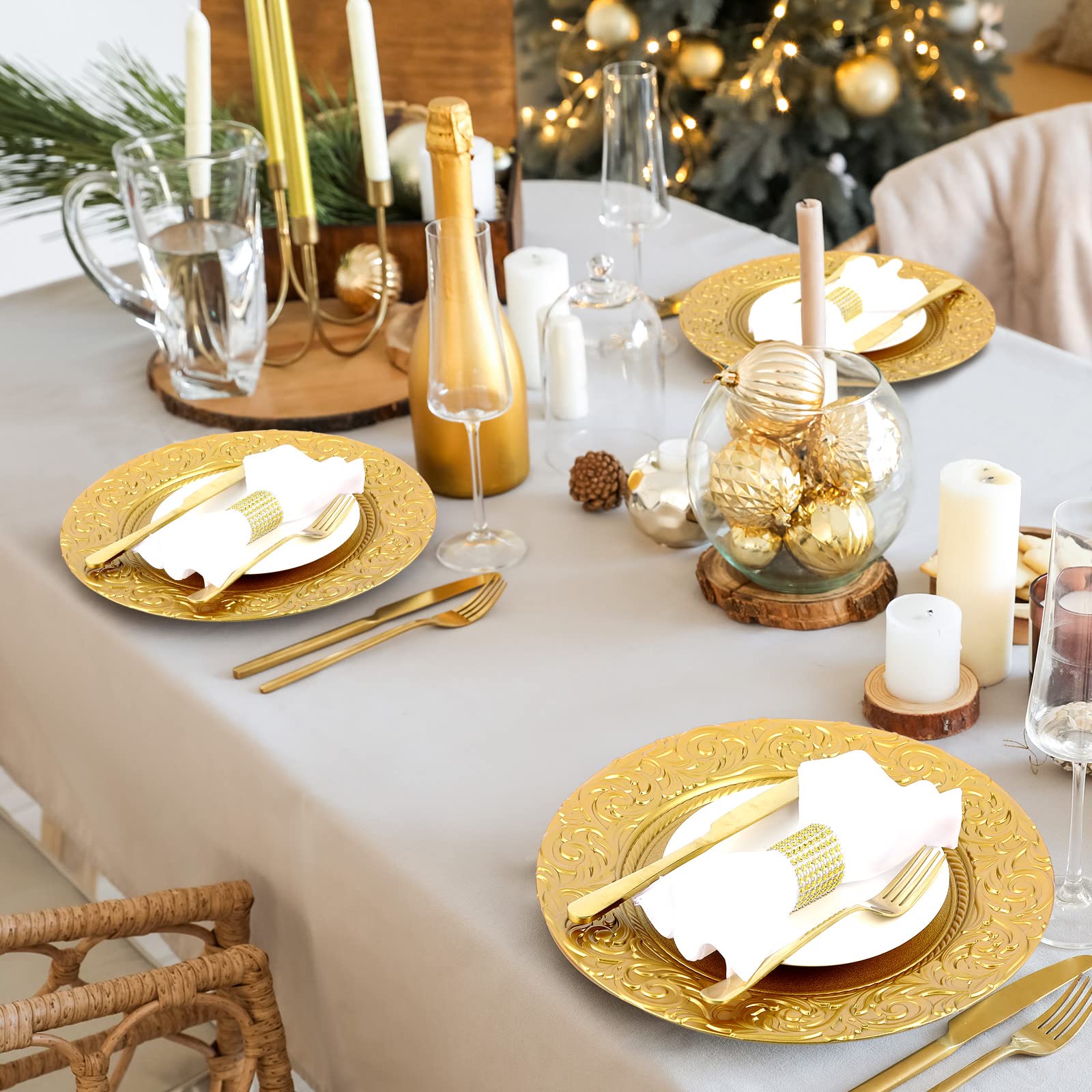 50 Pcs Antique Gold Charger Plates - 13 Inch Embossed Rim Plastic Decorative Dinner Plates for Wedding, Party & Event Table Setting - Elegant Tableware for Formal Dinners, Banquets and Holiday Celebrations