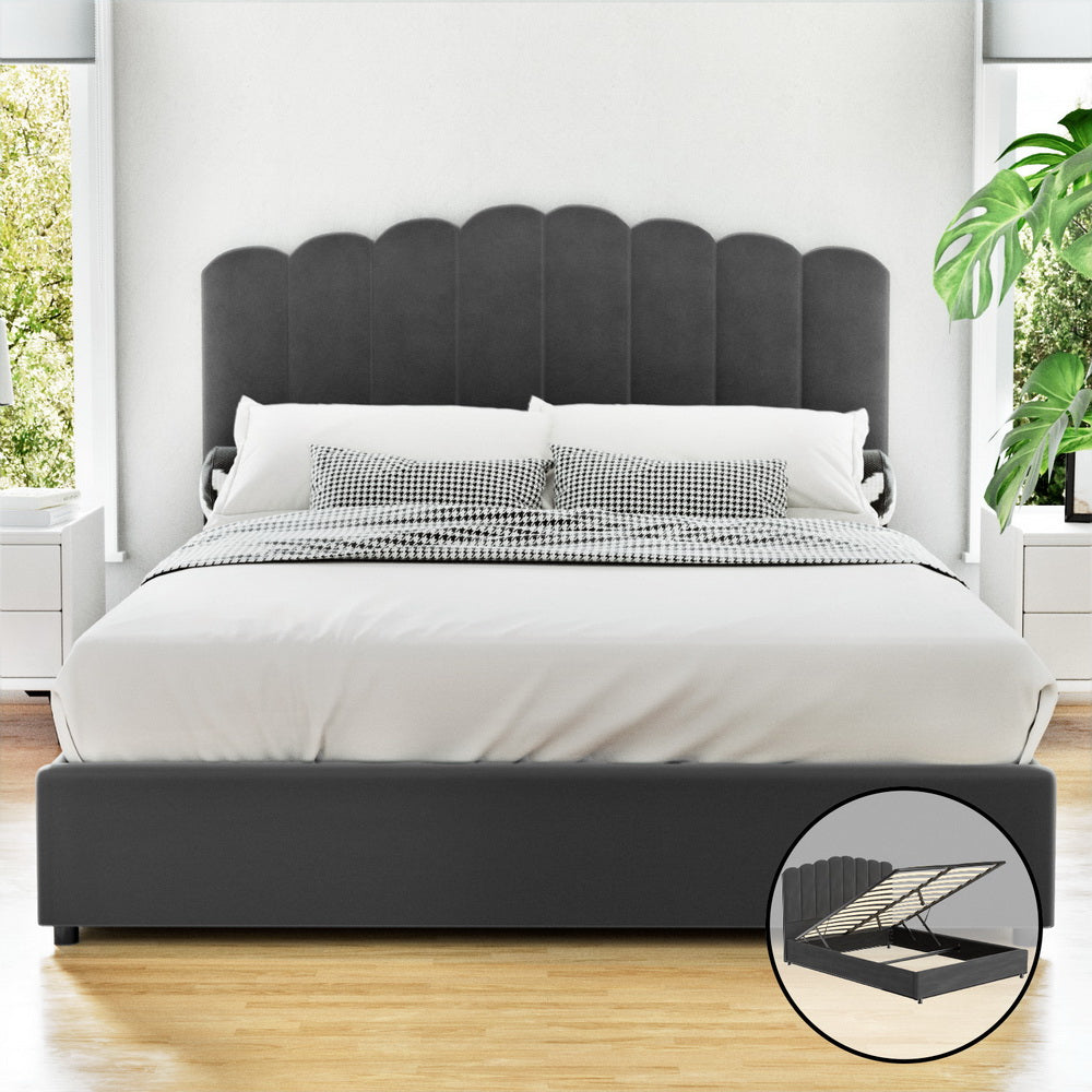 Fion Queen Velvet Upholstered Storage Bed with Underbed Drawers - Soft Grey Luxe Bedroom Furniture for Small Space & Modern Home Decor