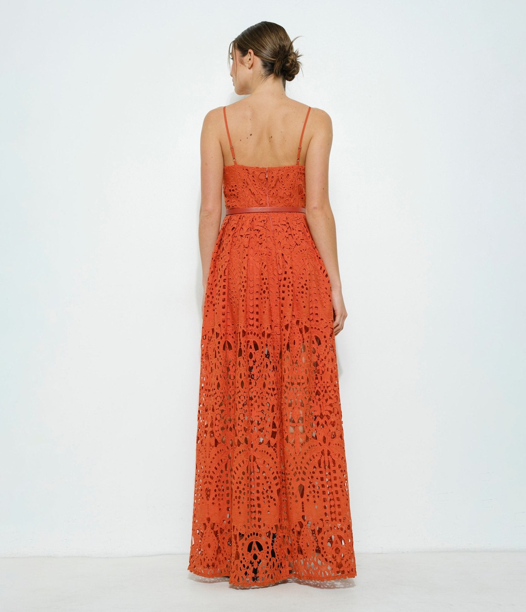 Elegant Orange Brown Lace Belted Maxi Dress for Women - Boho Chic Summer Beach Wedding Party Dress