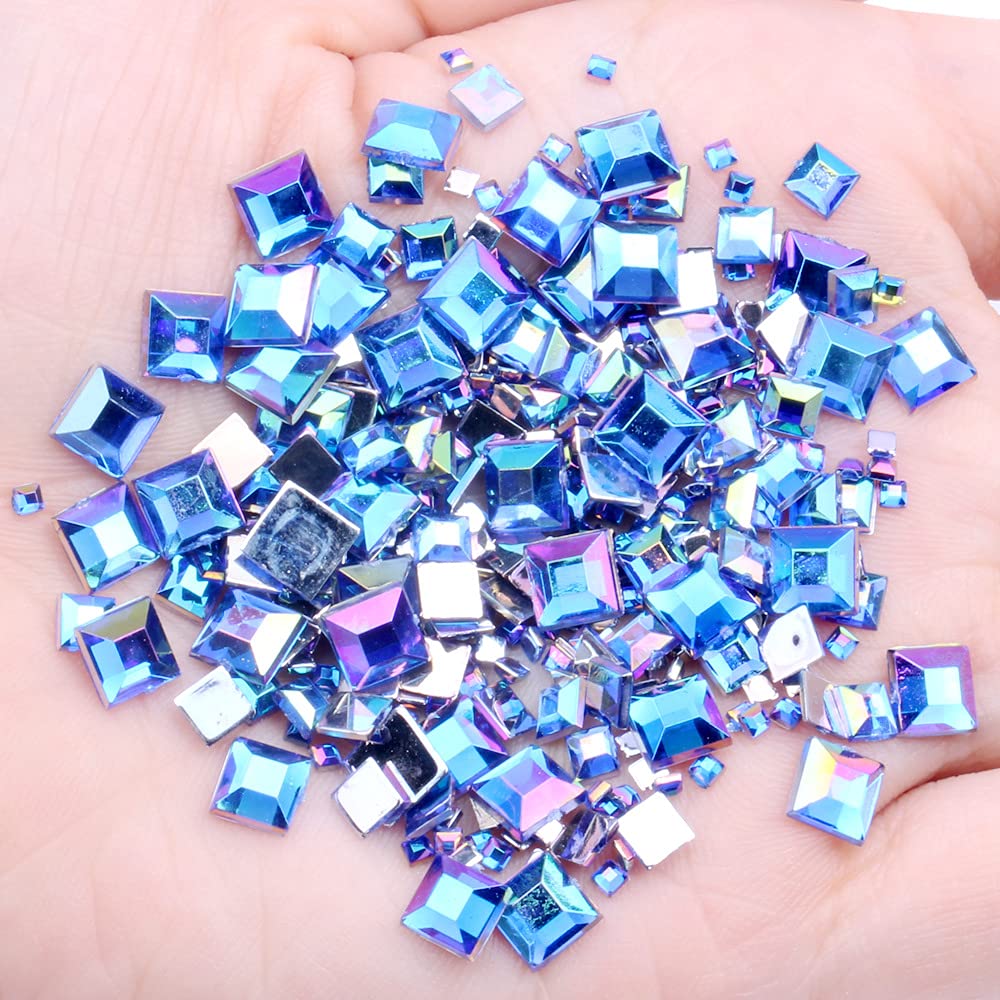 300Pcs Mixed Size Dark Blue AB Crystal Rhinestones - Square Flatback Non-Hotfix Nail Gems for DIY 3D Nail Art, Marquise Glitter Decorations (Perfect for Manicures, Pedicures, Wedding & Party Nail Designs)