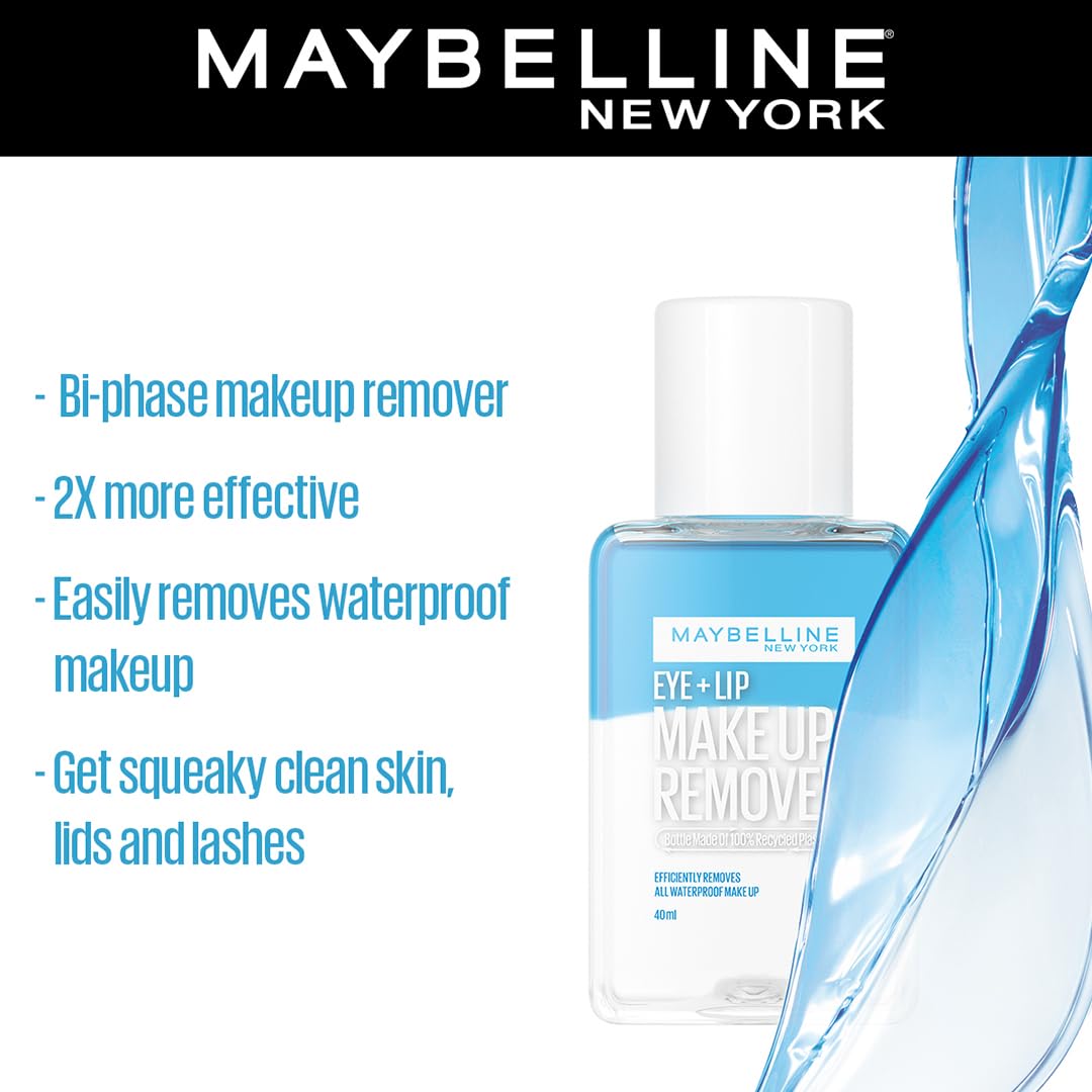 Maybelline New York Bi-Phase Eye & Lip Makeup Remover - Waterproof Formula (40ml) | Gentle & Effective for Sensitive Skin | Perfect for Nighttime Routine & Travel