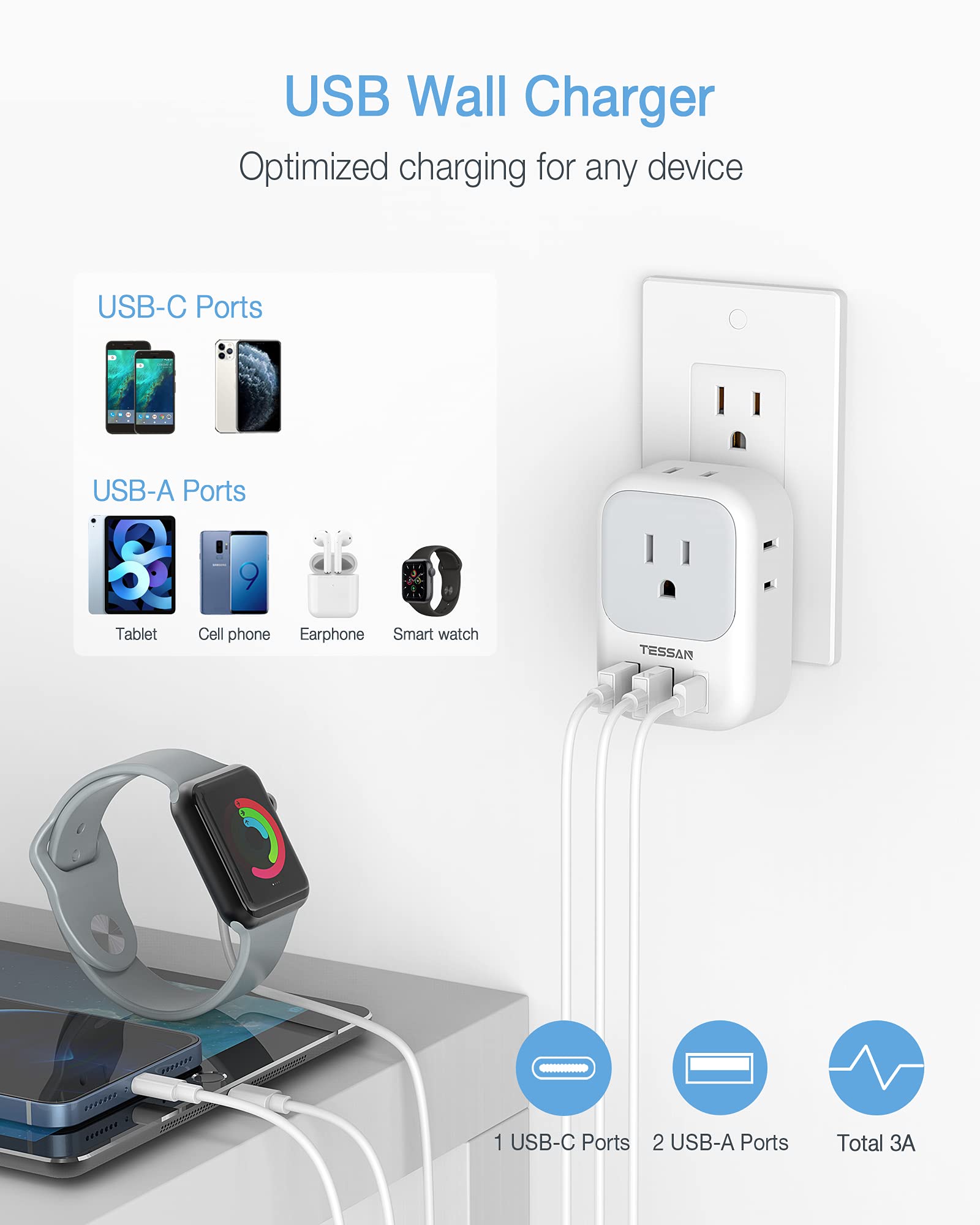 TESSAN 20W PD Fast Charger with 3 Ports (1 USB-C) - Compact Cube Wall Charger for iPhone, Samsung, iPad - Perfect for Travel, Cruise, Home, Office & Dorm Essentials