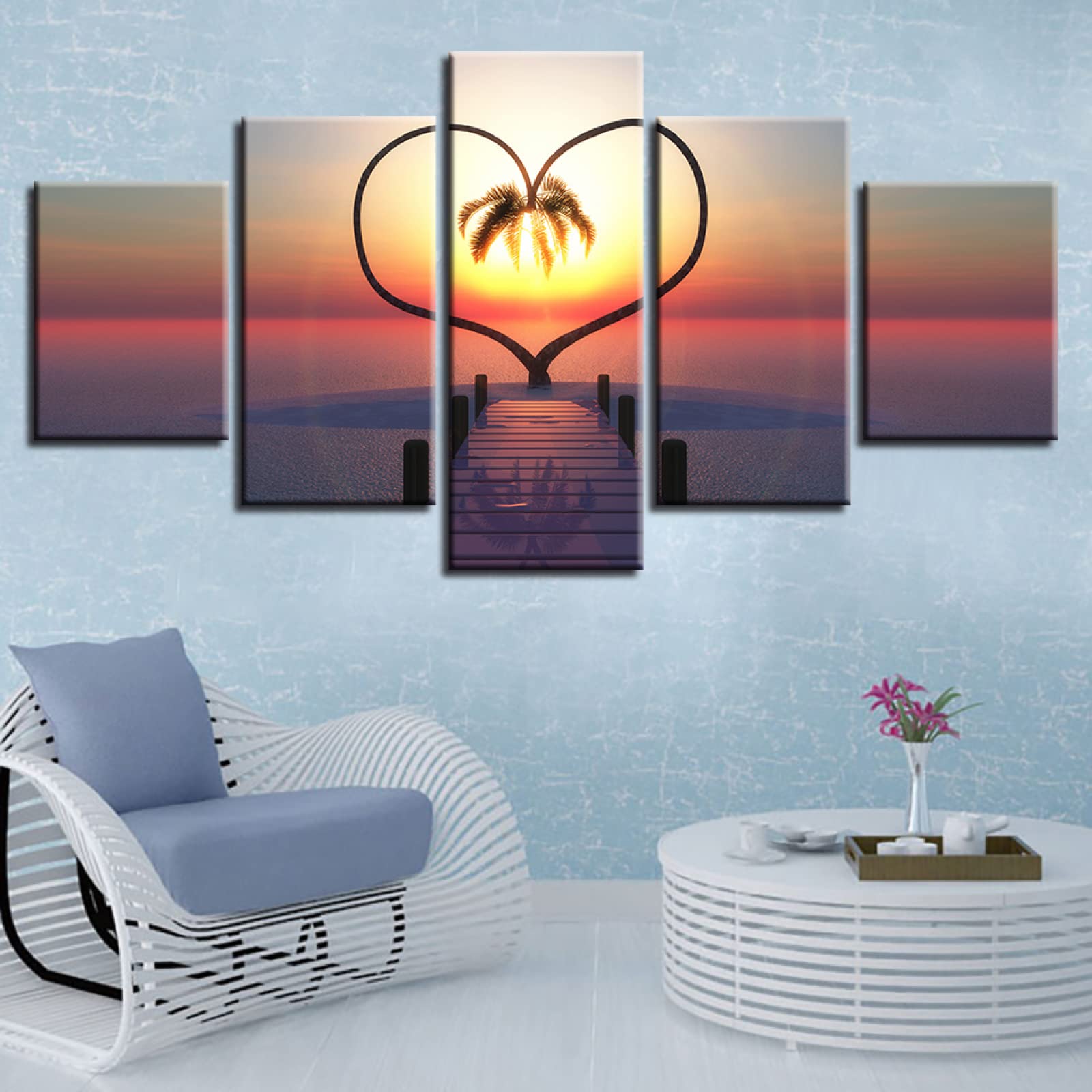 Ocean Heart Tree Sunrise Abstract Canvas Wall Art Set of 5 - Romantic Giclee Prints for Living Room, Bedroom & Office Decor (60x32 Inch Framed) - Perfect for Coastal, Boho & Modern Home Interiors