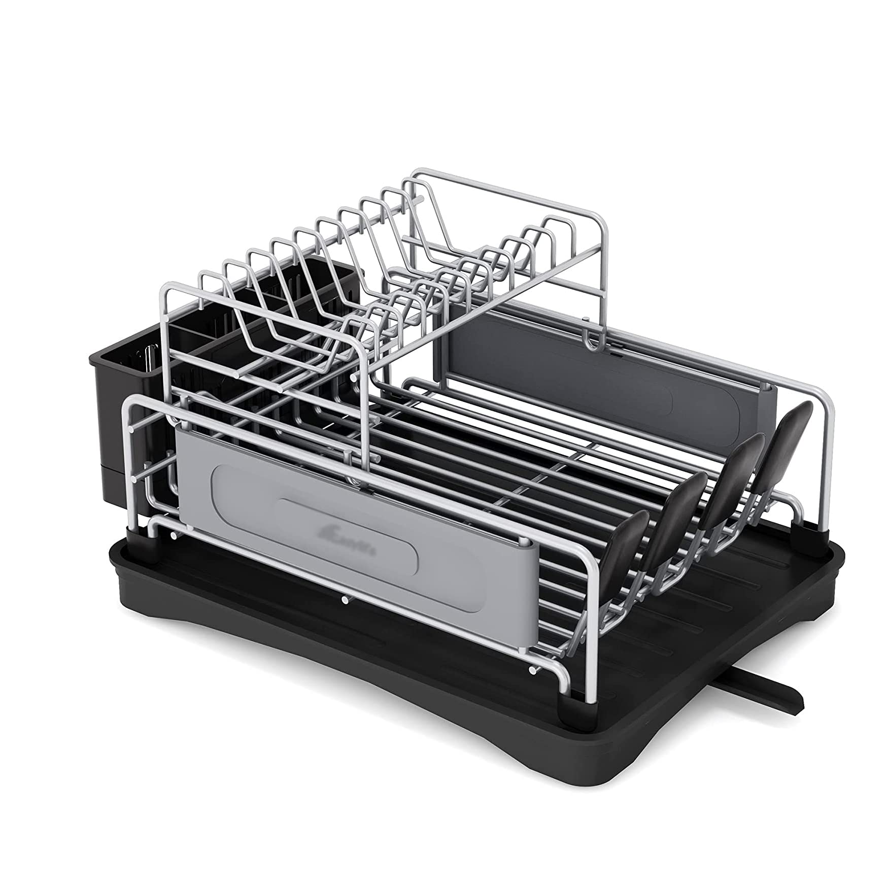 2-Tier Compact Dish Drying Rack with Drainboard & 360° Swivel Spout | Rust-Proof Steel Utensil Holder & Non-Slip Cup Holder | Space-Saving Kitchen Counter Organizer for Small Apartments & RVs