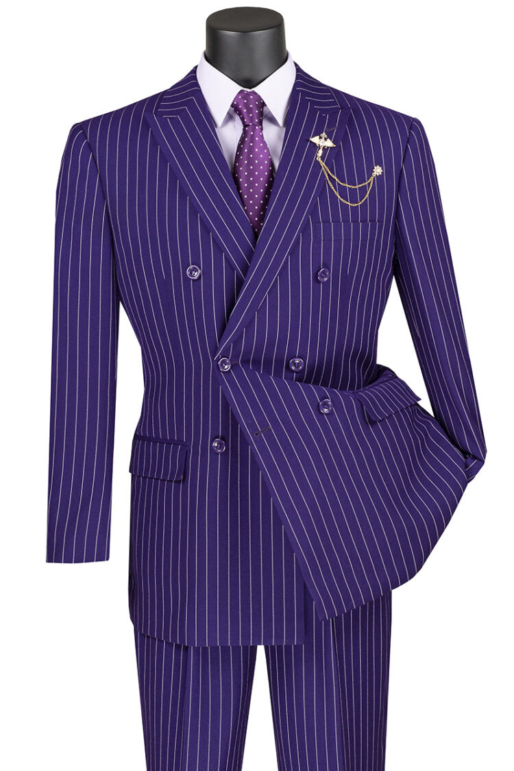Rockefeller Collection Double Breasted Purple Stripe Suit - Regular Fit 2 Piece Set for Men | Business Attire, Formal Events & Office Wear
