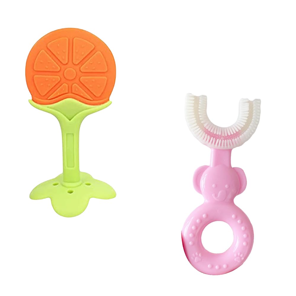 Kritiu Baby Teether and U-Shaped Toothbrush Set - BPA-Free Silicone Teething Toy & Infant Toothbrush for 0-12 Months - Safe Teething Relief & Oral Care for Newborns & Toddlers (Yellow, Pink) - Perfect for Soothing Sore Gums & Early Dental Hygiene at Home or On-the-Go