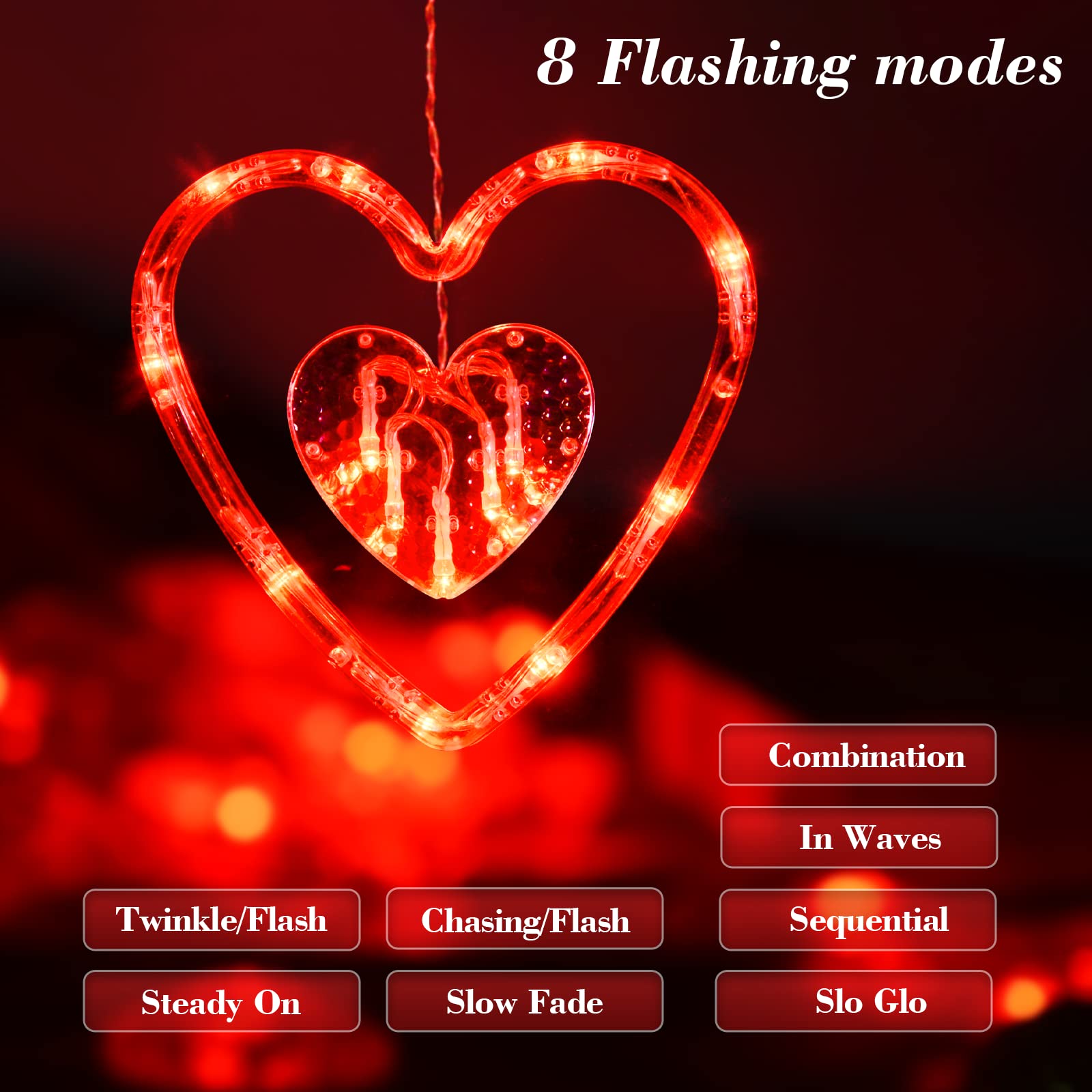 LOLStar Valentine's Day LED String Lights - 168 Heart-Shaped Red Window Lights with Remote Control, 8 Flashing Modes, Indoor Hanging Curtain Lights for Romantic Decor - Perfect for Bedroom, Wedding, Party & Valentine's Day Decorations