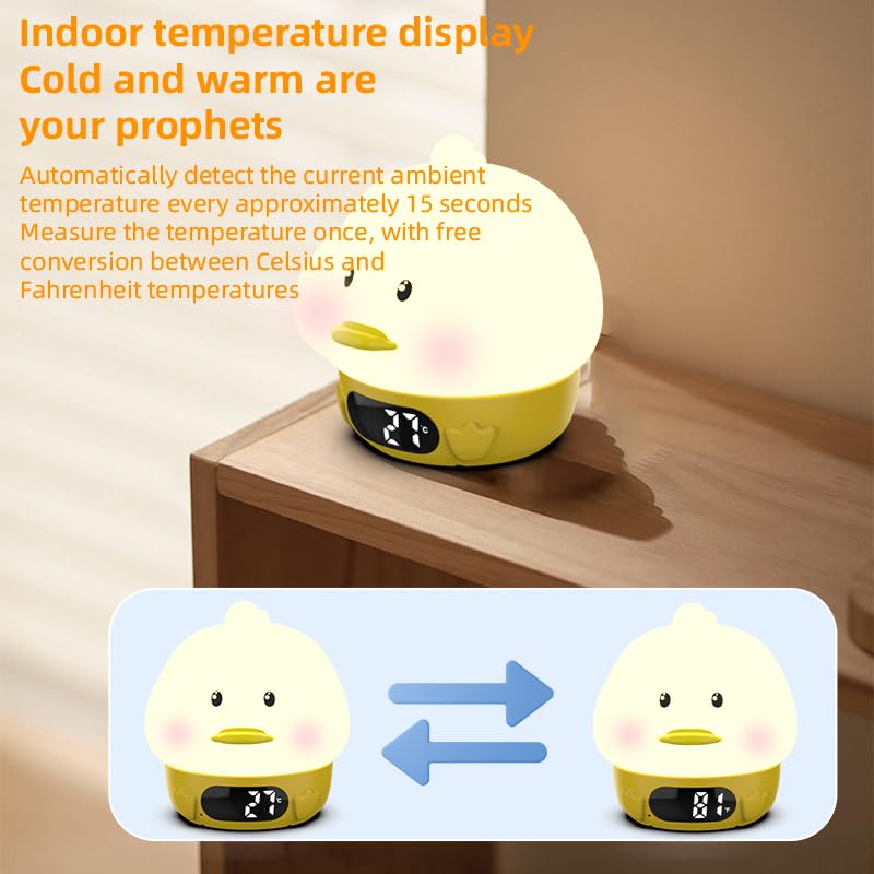 RUISHINE Kids Alarm Clock with Night Light - Duck-Shaped, Temperature Display, RGB Color Changing, Wake-Up Timer, Rechargeable Touch Lamp for Nursery & Breastfeeding | Perfect for Bedrooms, Baby Rooms & Toddler Sleep Training