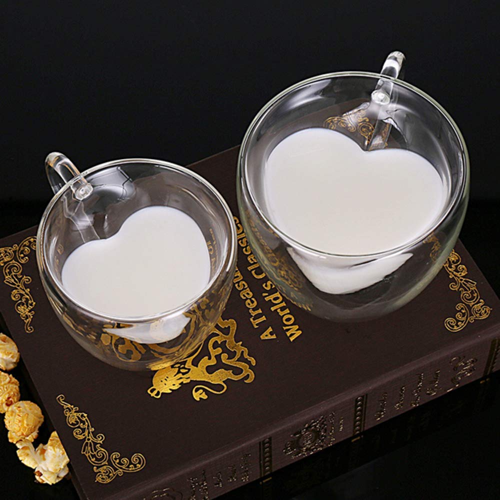 2 Pcs Heart Shaped Double Wall Glass Coffee Mugs - Insulated Tea Cups for Milk, Lemon Juice & Hot Drinks - Romantic Drinkware for Couples, Home, Parties & Gifts