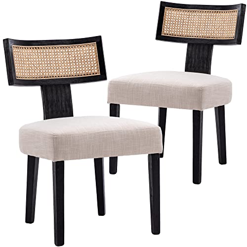 Cane Back, Beige Linen, Black Wood