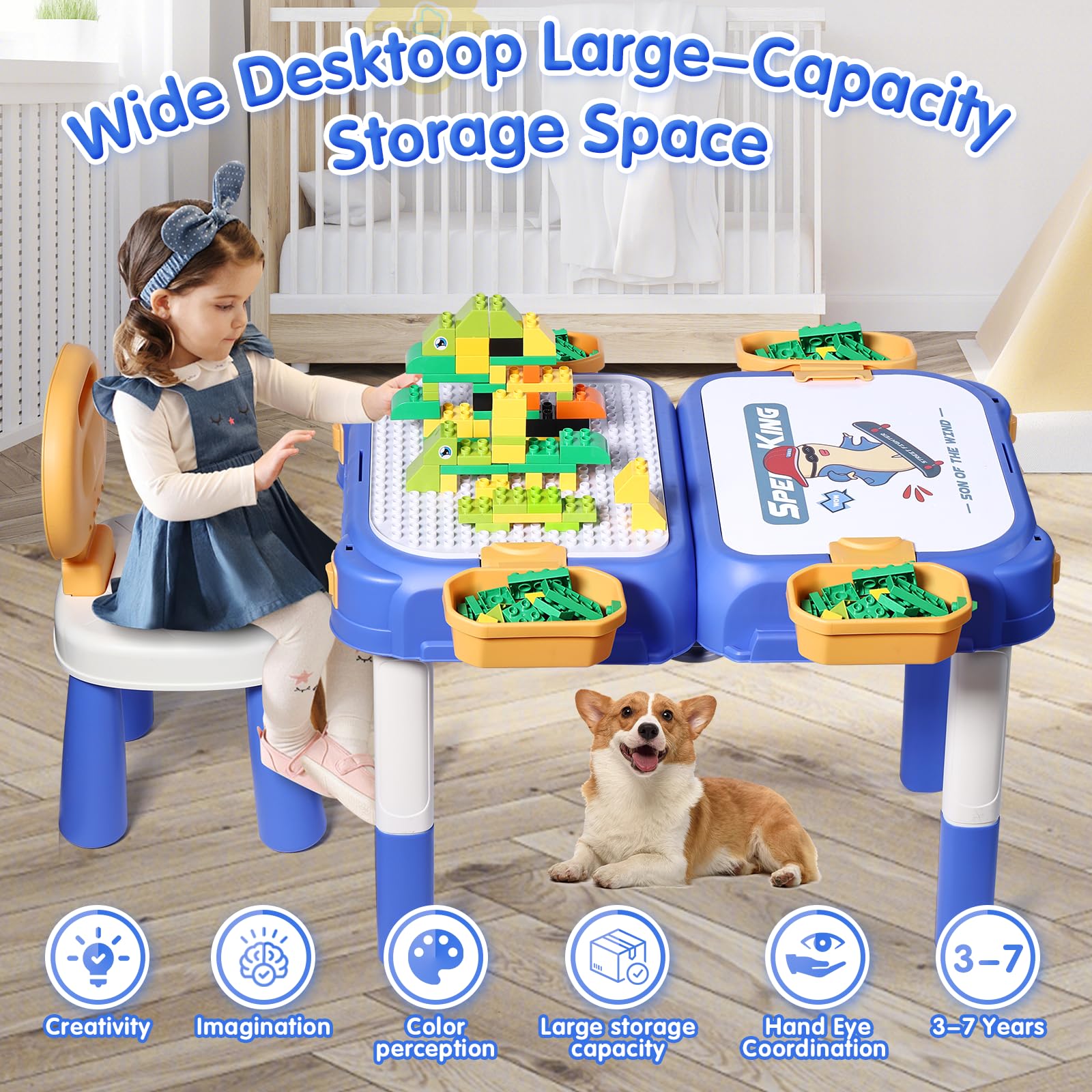 **Toddler Table and Chair Set with 90 Pcs Large Building Blocks - Water & Sand Sensory Play, Ride-On Activity Table with Storage - STEM Learning Toys for Kids Ages 3+ - Perfect for Playrooms, Daycares & Preschool Classrooms**
