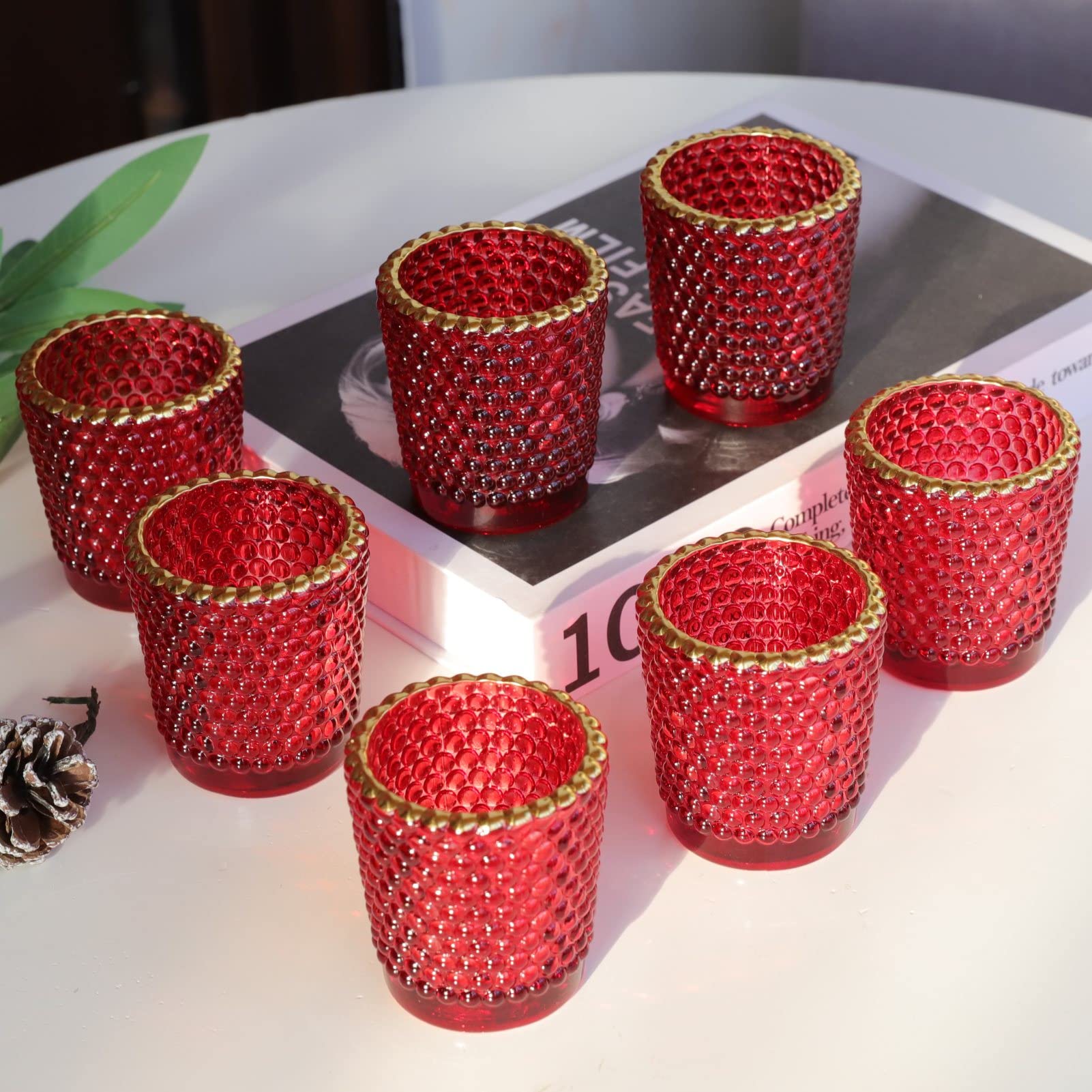 WOHO Set of 12 Red Glass Votive Candle Holders with Gold Rim - Bulk Tealight Holders for Table Centerpieces, Christmas Decor, Holiday Parties & Romantic Dating Nights - Perfect for Weddings, Restaurants & Home Decoration