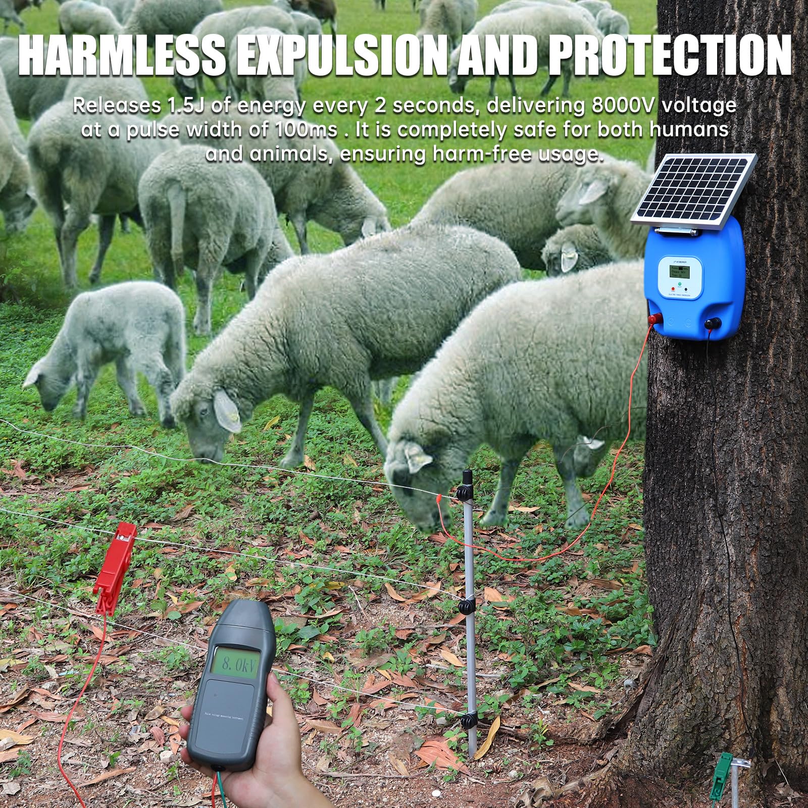 Solar Powered Electric Fence Charger 1.5 Joule Energizer with LCD Display - 5 Mile Range, Rechargeable Lithium Battery & 5W Solar Panel - Perfect for Livestock Protection, Poultry Security, Garden & Orchard Fencing - Ideal for Farms, Ranches, Backyards and Rural Properties