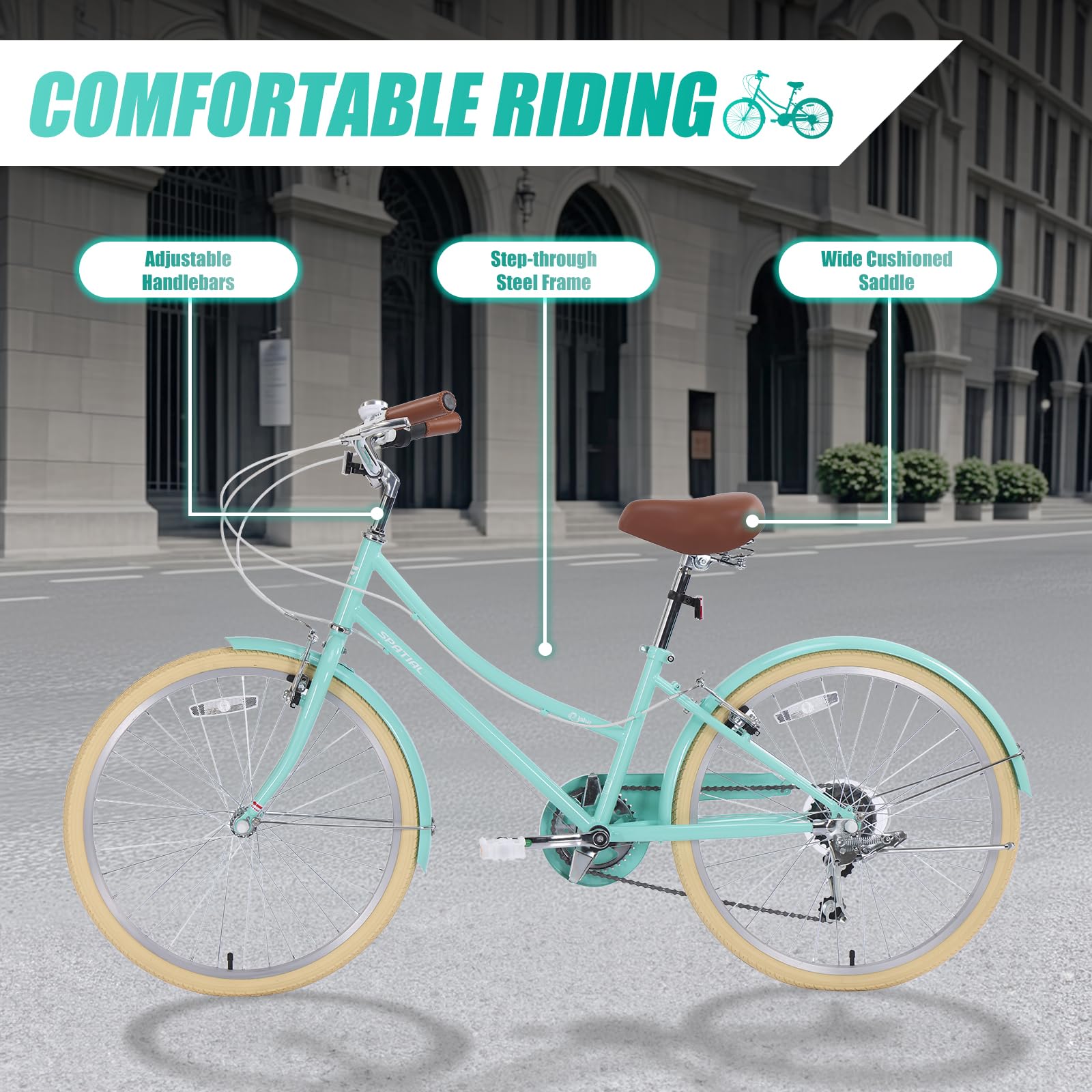 SPATIAL Women's 24 Inch Beach Cruiser Bike - 6-Speed Comfortable City Bicycle with Dual V-Brake, Step-Through Frame for Adults - Perfect for Commuting, Leisure Rides & Coastal Cycling (Multiple Colors)