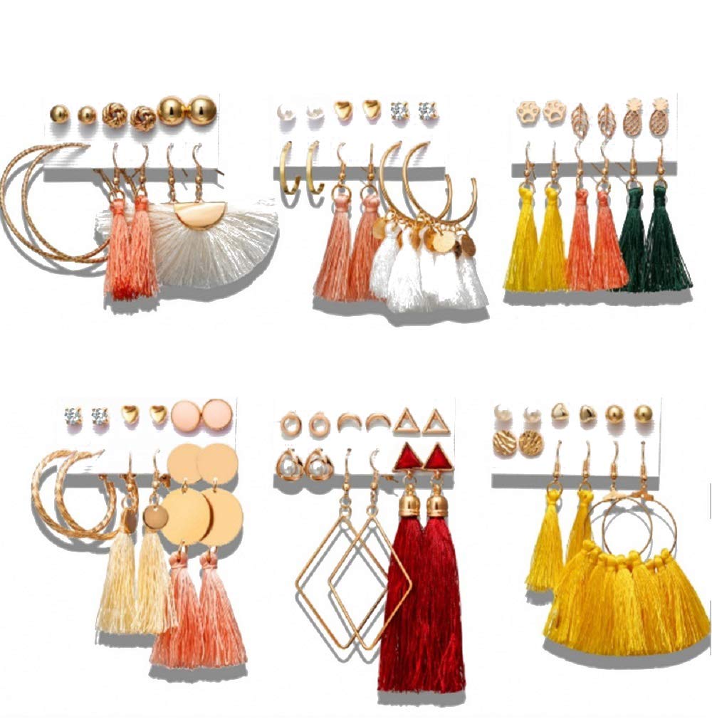 39/42 Pairs Fashion Tassel Earrings Set for Women & Girls - Gold Dangle Earrings, Hoop & Stud Earrings - Perfect Gift for Birthday, Party & Daily Wear