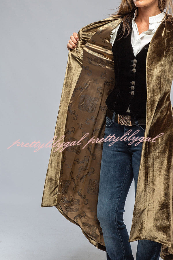 Vintage Velvet Long Loose Pocket Slit Coat - Women's Elegant Trench Coat with Pockets for Fall Winter Fashion, Perfect for Office, Date Night and Special Occasions