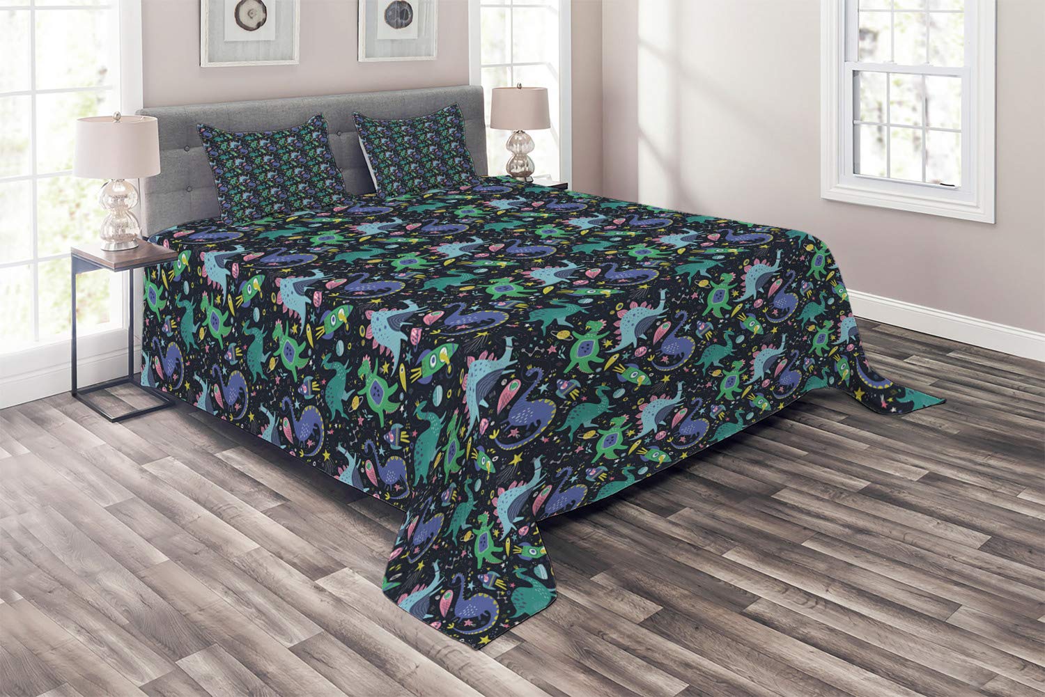 Ambesonne Dragon Bedspread Set - King Size 3-Piece Quilted Bedding with Space Theme, Hand-Drawn Universe, Ships, Dinosaurs & Planets - Decorative Coverlet & 2 Pillow Shams, Multicolor | Perfect for Fantasy & Sci-Fi Themed Bedrooms, Kids Rooms, Dorm Decor & Gift Ideas