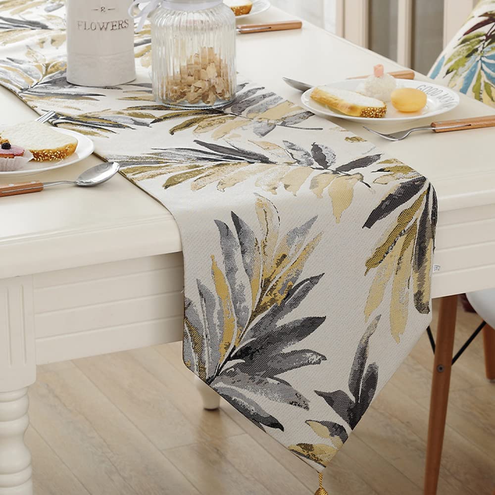 94.5 Inch Spring Summer Table Runner - Jacquard Leaf Print Farmhouse Style Coffee Table Scarf for Dining Room, Kitchen, and Home Decor