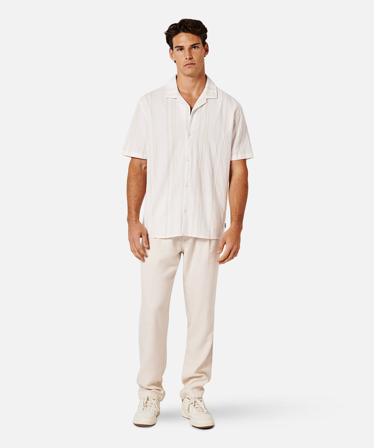 Premium Striped Short Sleeve Shirt for Men - Soft Cotton Crewneck Casual Top in Cream Wheat Color | Perfect for Summer Outfits, Beach Wear & Office Casual Style