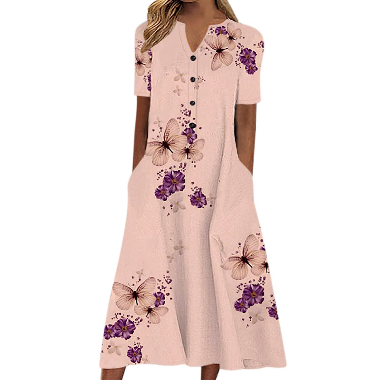 Women's Floral Print V-Neck Short Sleeve Casual Dress with Pockets - Perfect for Beach Outings, Summer Vacations & Daily Wear | J Gee Dresses