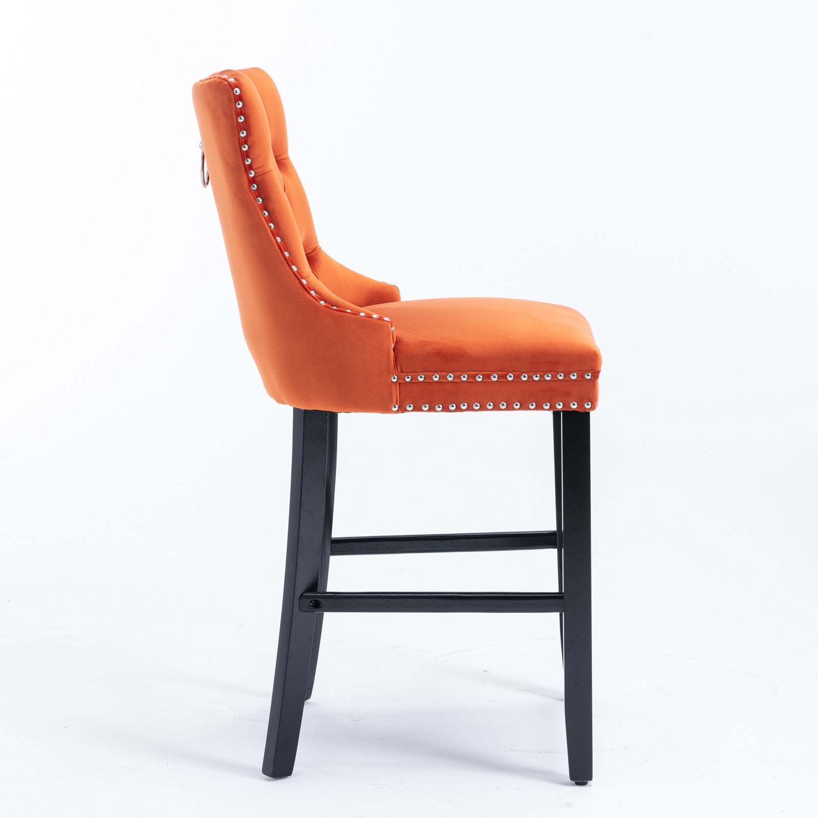 Luxury Velvet Bar Stools Set of 2 - Modern Button Tufted Bar Chairs with Wooden Legs & Chrome Nailhead Trim - Orange Upholstered Counter Stools for Kitchen Island, Home Bar & Dining Room Decor