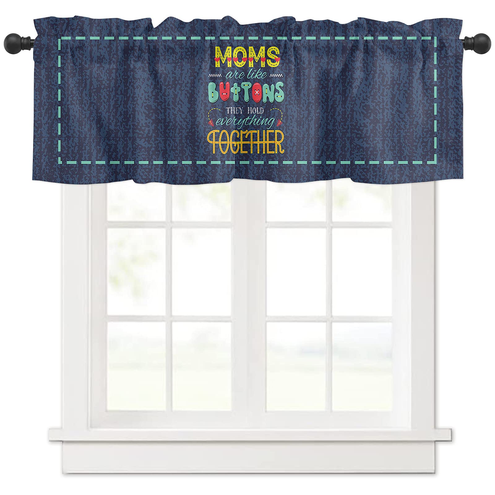 Blue Denim Valance Curtains with Cute Button Texture - 54
