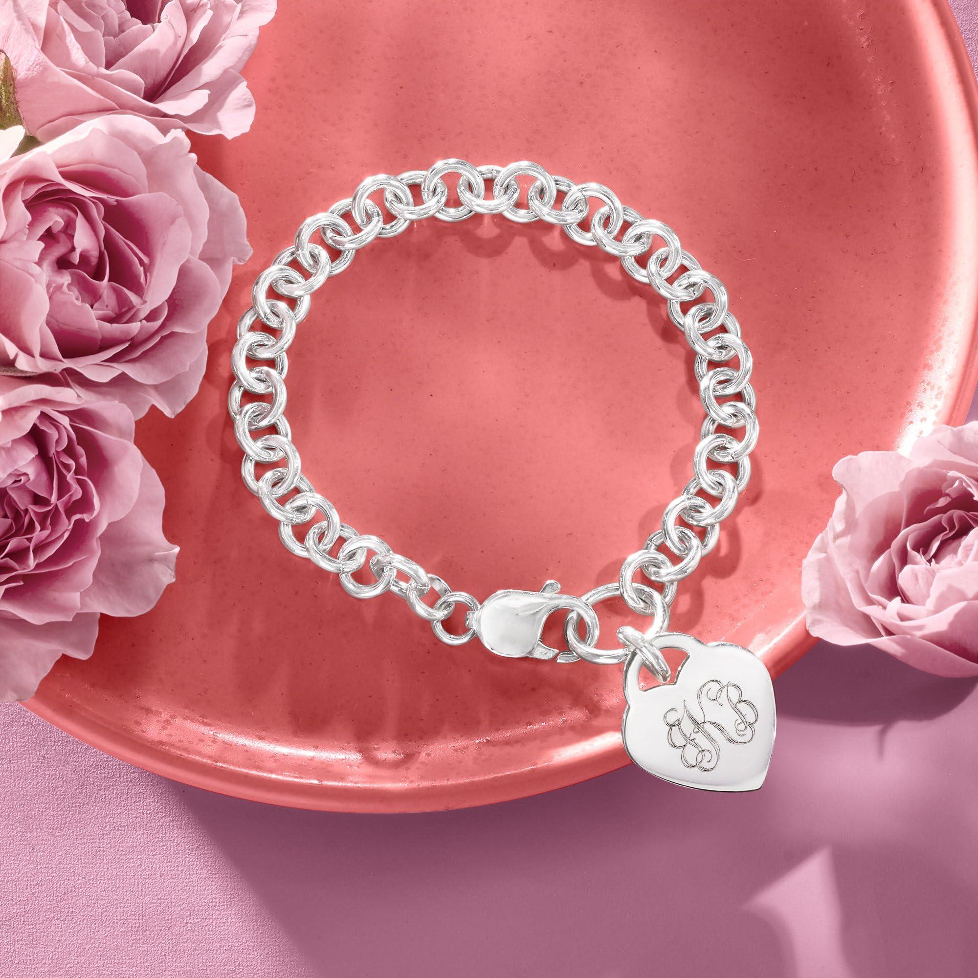 Ross-Simons Sterling Silver Personalized Heart Charm Bracelet - Custom Engraved Name Jewelry for Women, Gift for Her - Perfect for Anniversaries, Valentine's Day & Special Occasions